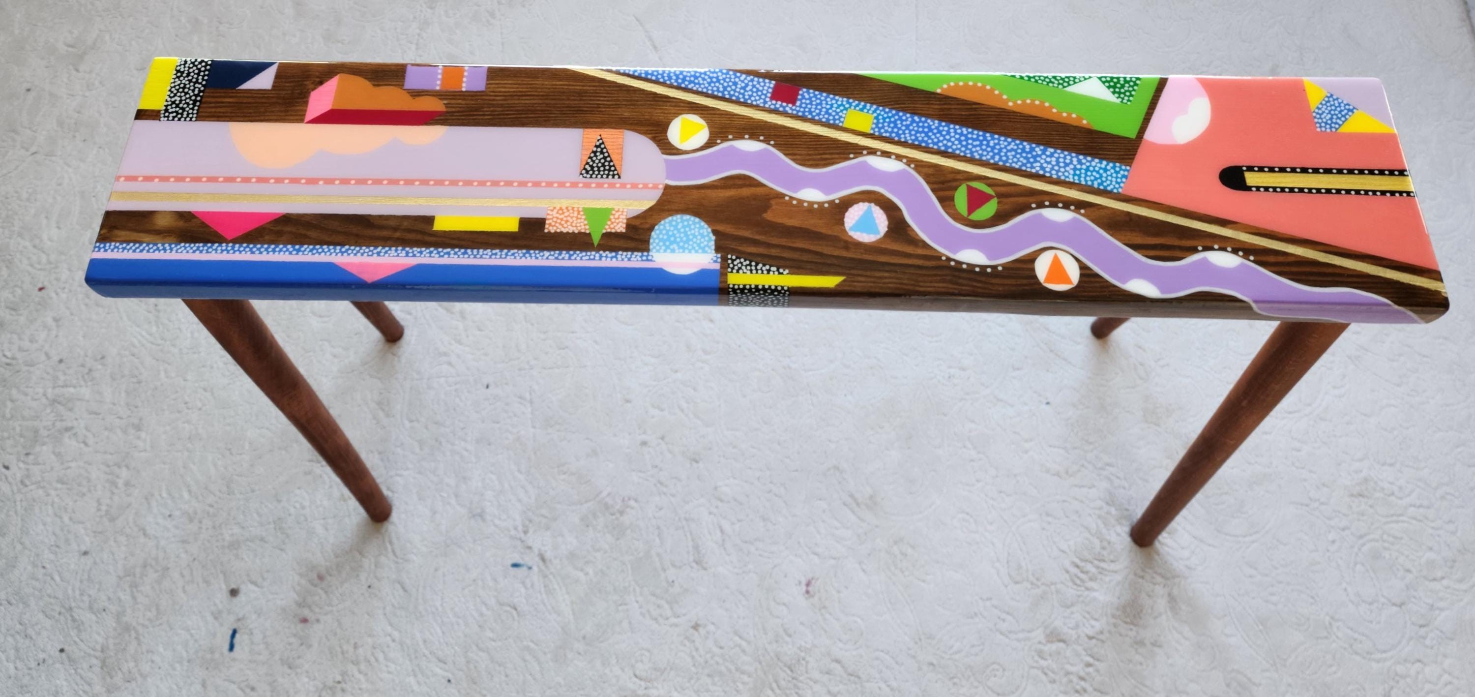 Unusual Handmade Colorful Resin Console Table,Narrow Abstract Epoxy Side Coffee Table, Funky Modern Cool Eclectic Retro Pop Art Coffee Table