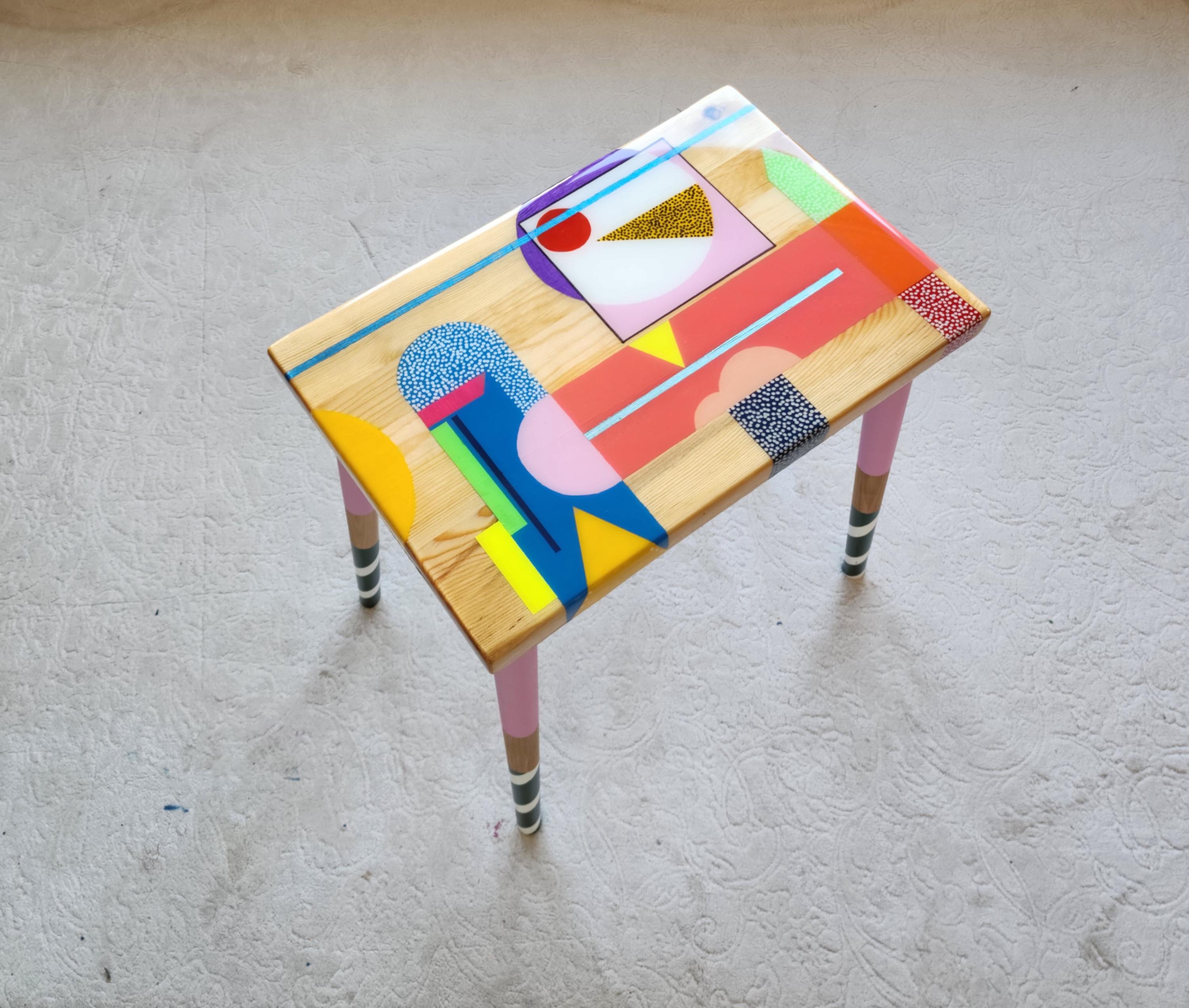 Small Wooden Handmade Resin Cool Side Coffee Table,Pink Modern Bedside Living Room Entryway End Colorful Abstract Funky Boho Epoxy Art Table