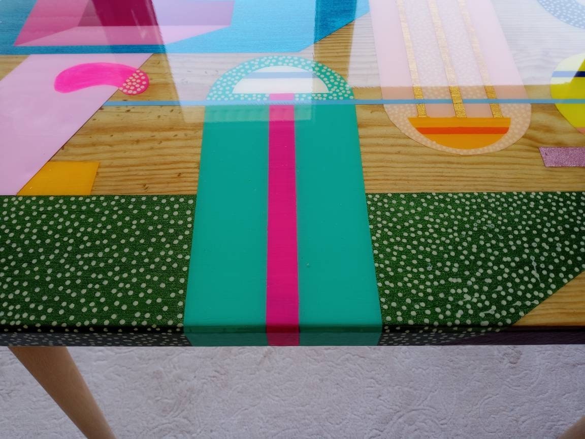 Handcrafted Abstract Art Mid Century Resin Side Table,Colorful Funky Cool Corner Center Living Room Entryway Wooden Epoxy Boho Coffee Table