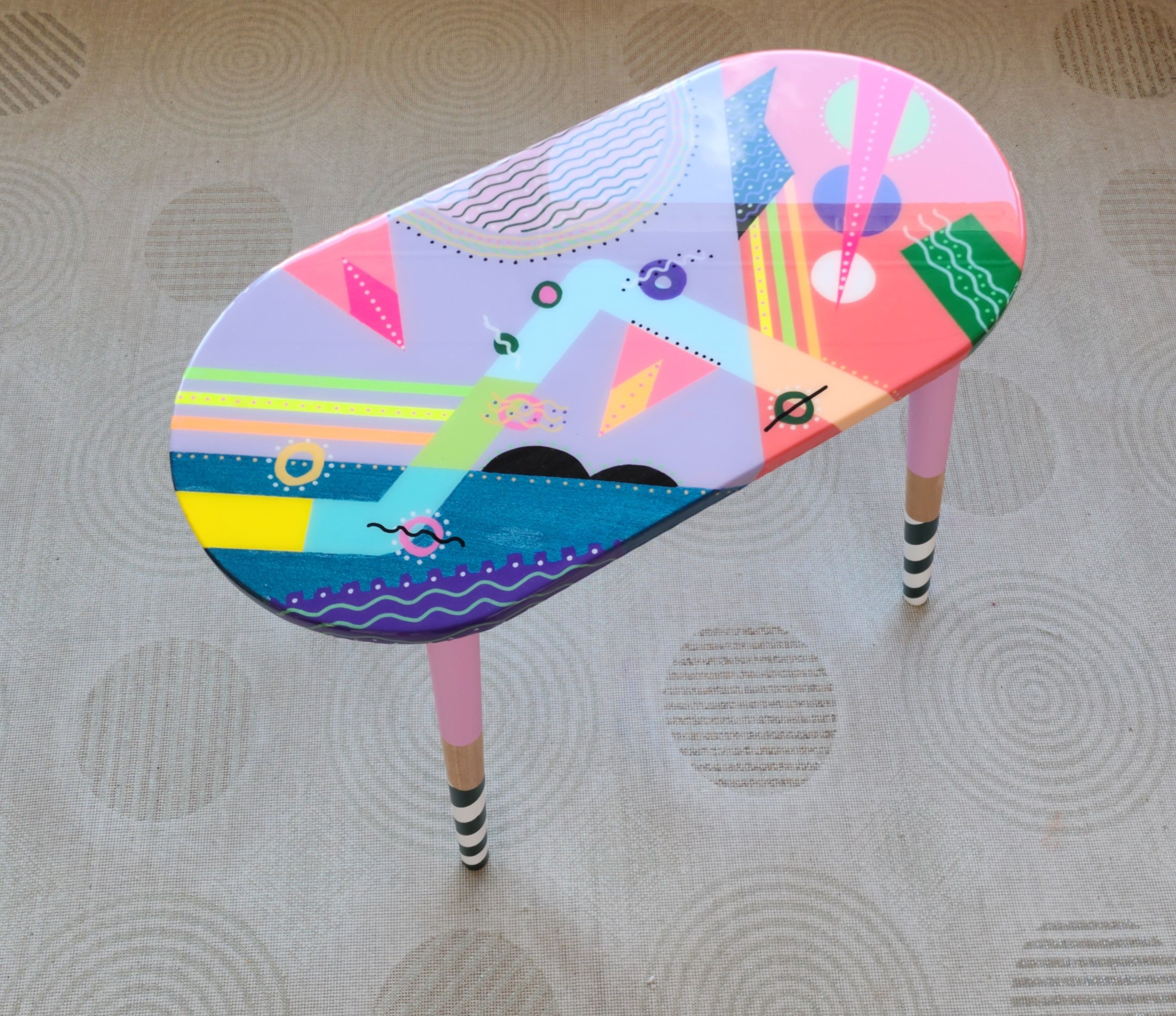 Wooden Oval Colorful Abstract Funky Resin Side Table