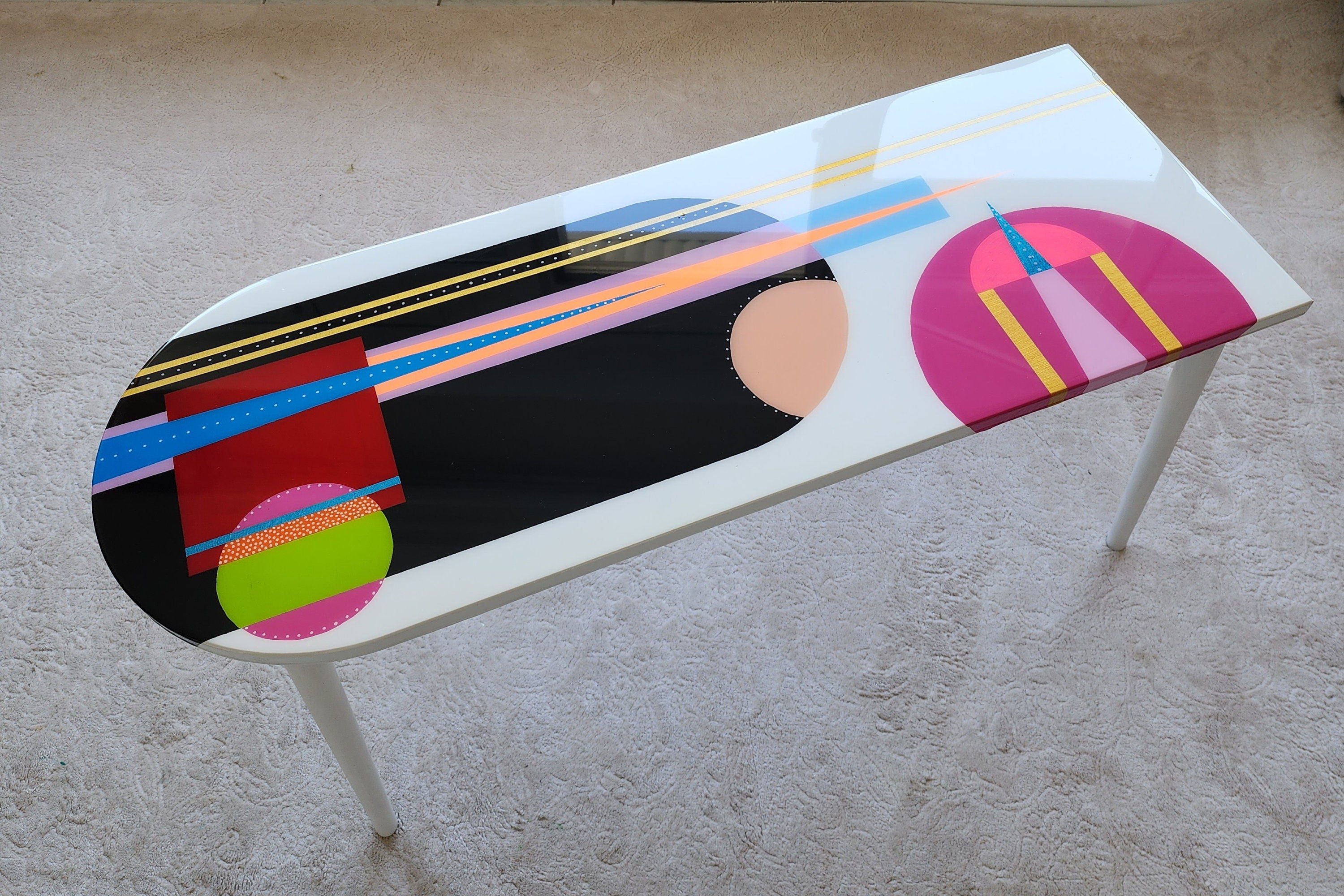 Unusual Colorful Abstract Funky Epoxy Resin White Table, Modern Handmade Cool Eclectic Retro Boho Pop Art Black Side End Center Coffee Table