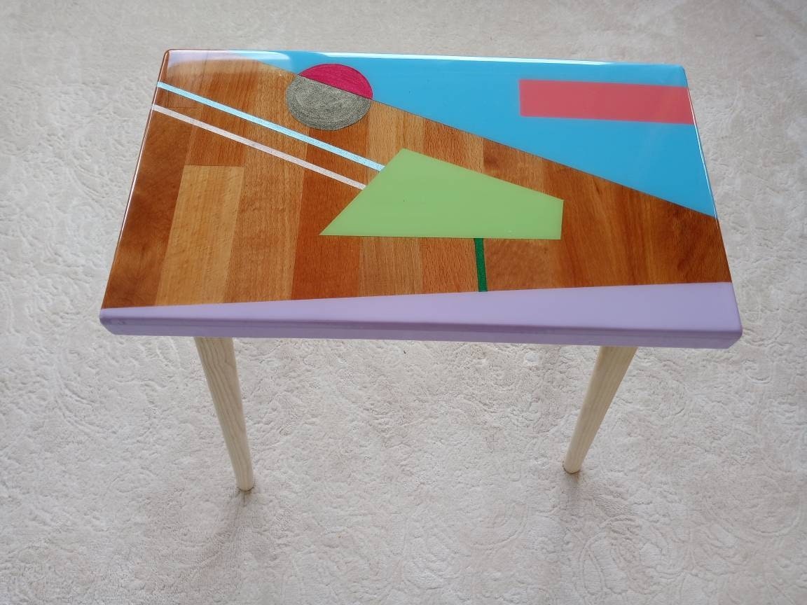 Small Bedside Narrow Resin Side Coffee Table, Unique Wood Wooden Blue Epoxy End Sofa Living Room Colorful Cool Abstract Funky Art Furniture