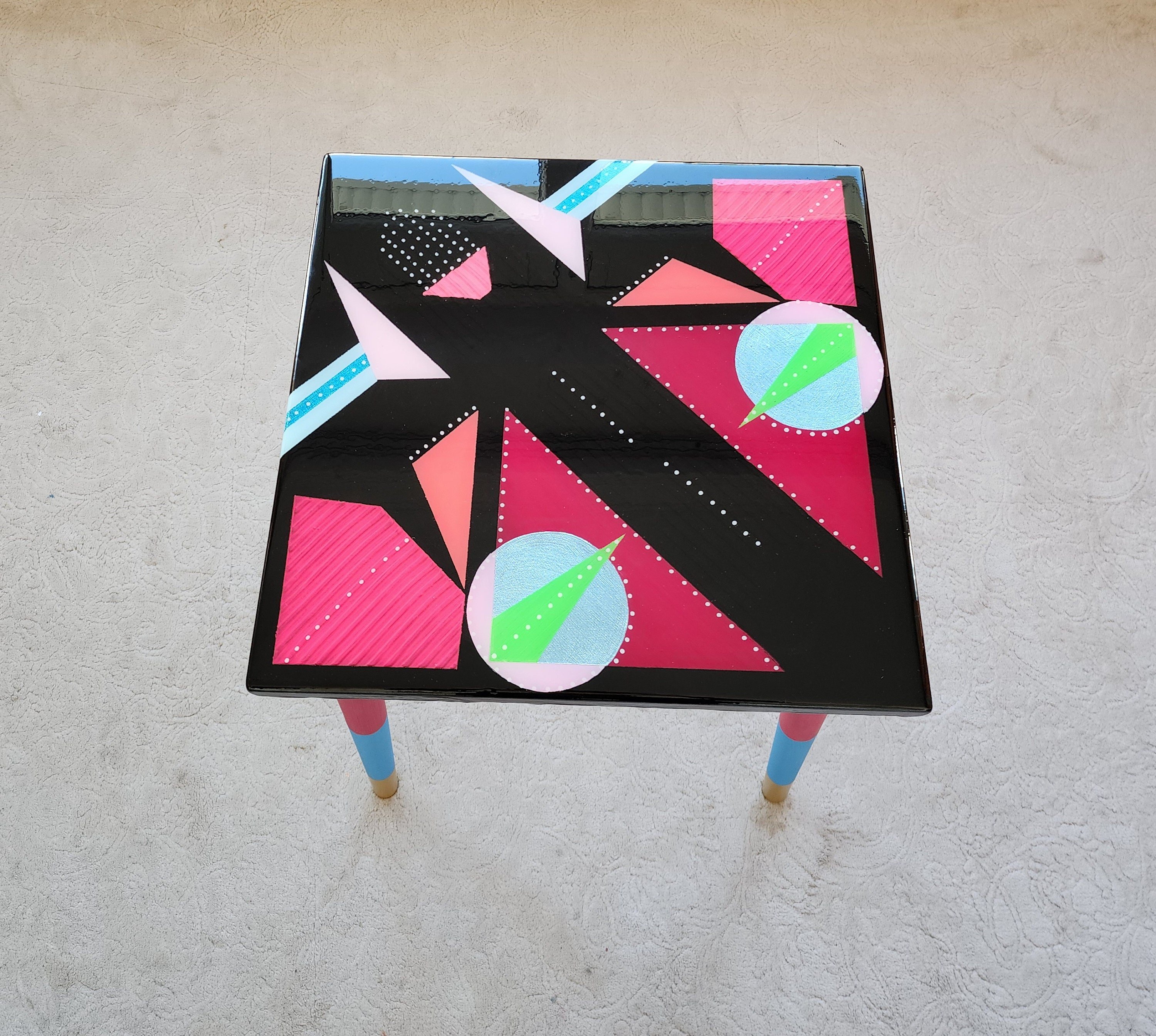 Hand Painted Black Abstract Wooden Epoxy Resin Side End Table, Colorful Funky Eclectic Rainbow  Pop Art Cute Unusual Geometric Coffee Table