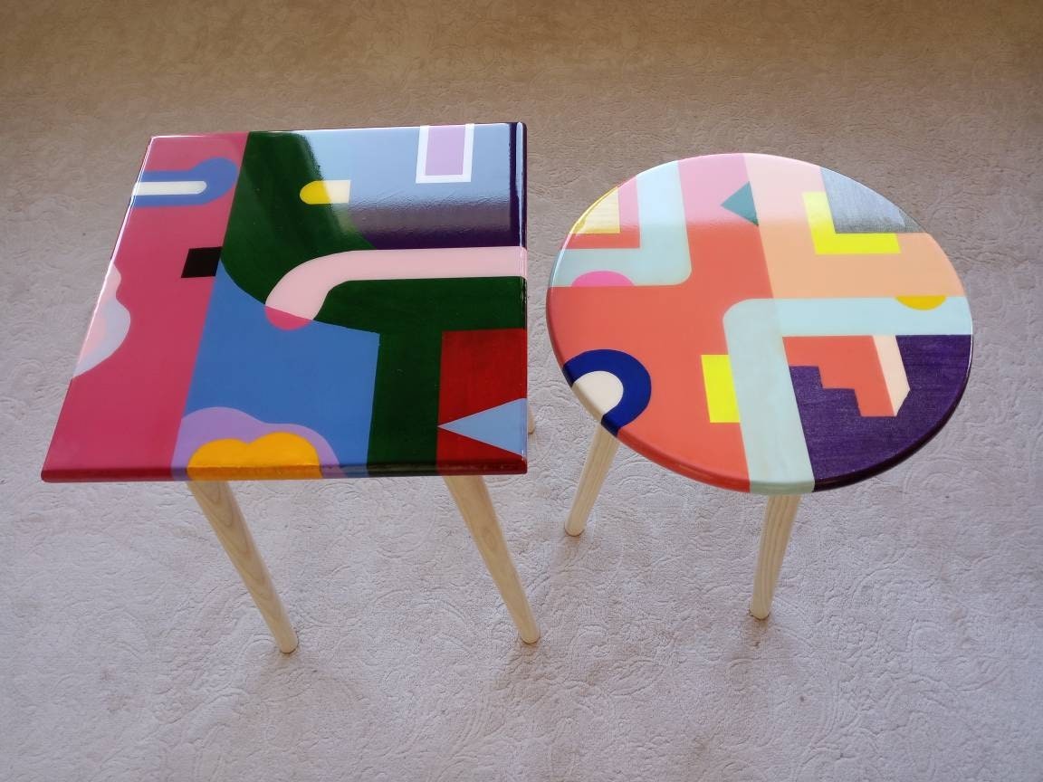 Colorful Wooden Resin Funky Boho Side Coffee Tables,Unique Pink Orange Bedside Modern Sofa End Epoxy Art Tables,Round Square Abstract Table