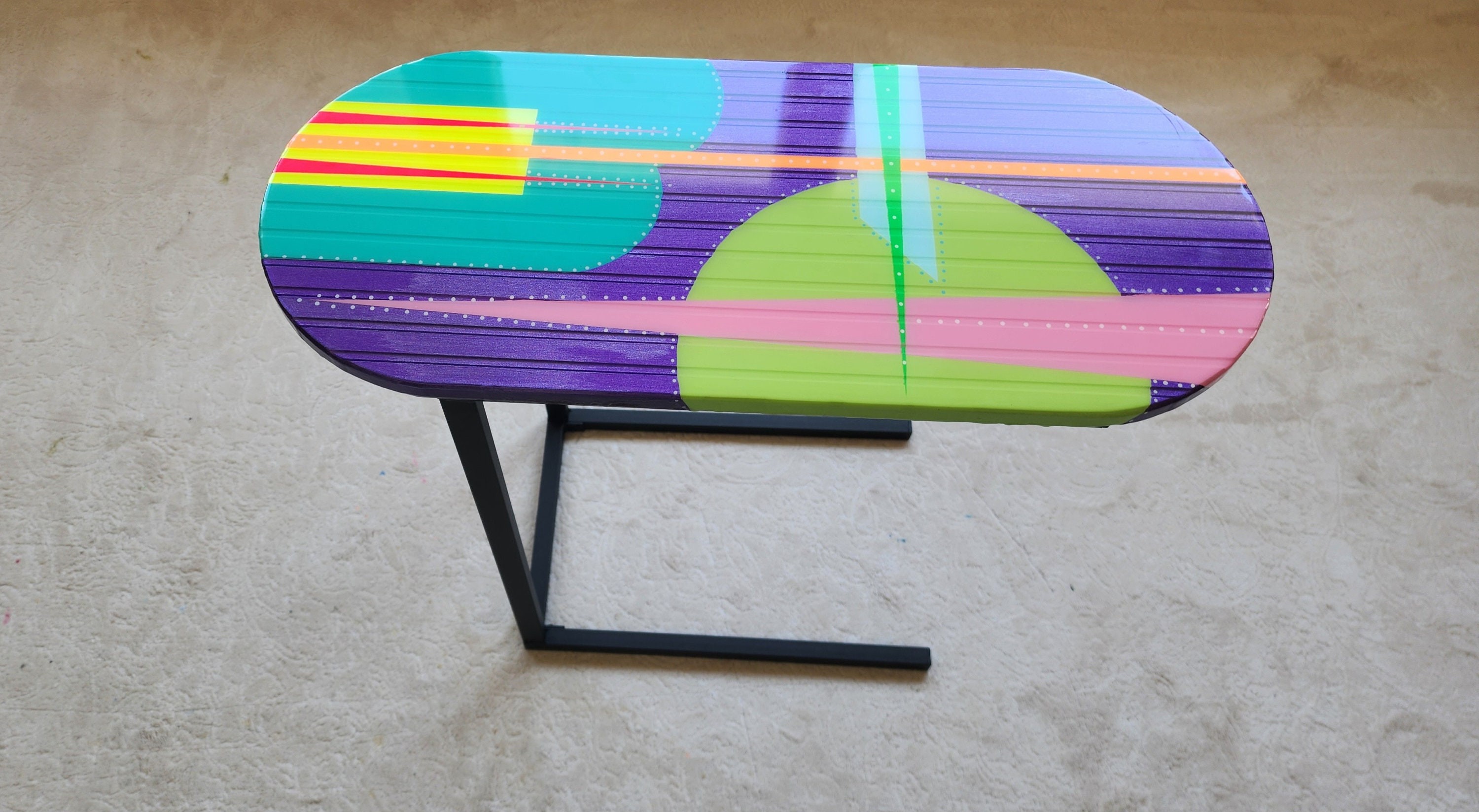 Wooden C Shape Colorful Side End Resin Coffee Table With Metal Legs, Abstract Cool Vintage Retro Modern Geometric Design Purple Couch Table