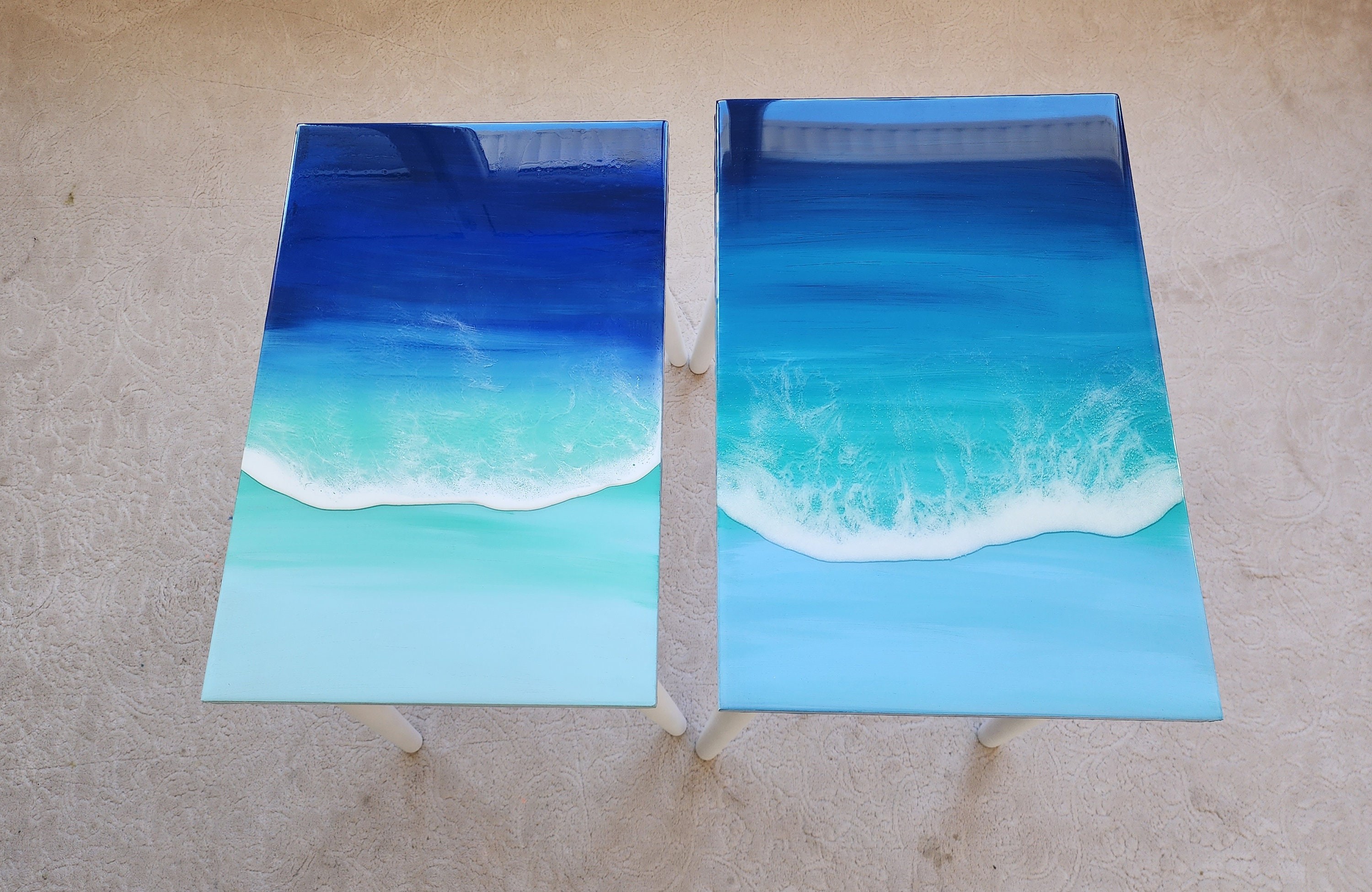 Natural Epoxy Resin Coffee Beach Side Tables With Ocean Wave Design, Handmade Wooden Blue White Sea Tables In Nautical Style, Coastal Tables