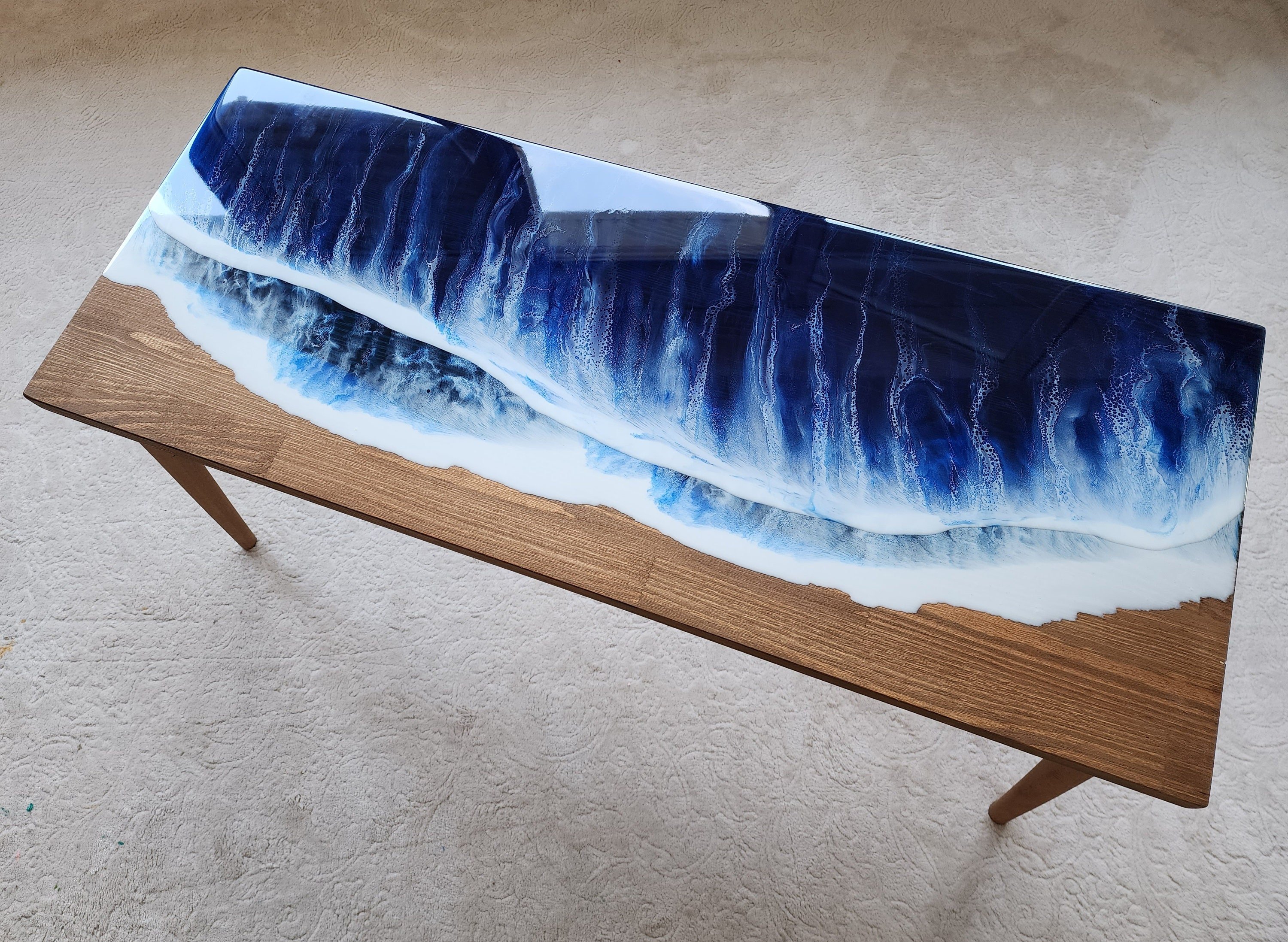 Natural Ocean Wave Blue Epoxy Resin Side Table, Wooden Beach Themed Living Room Bedroom Entryway Nautical Cool End Sofa Sea Art Coffee table