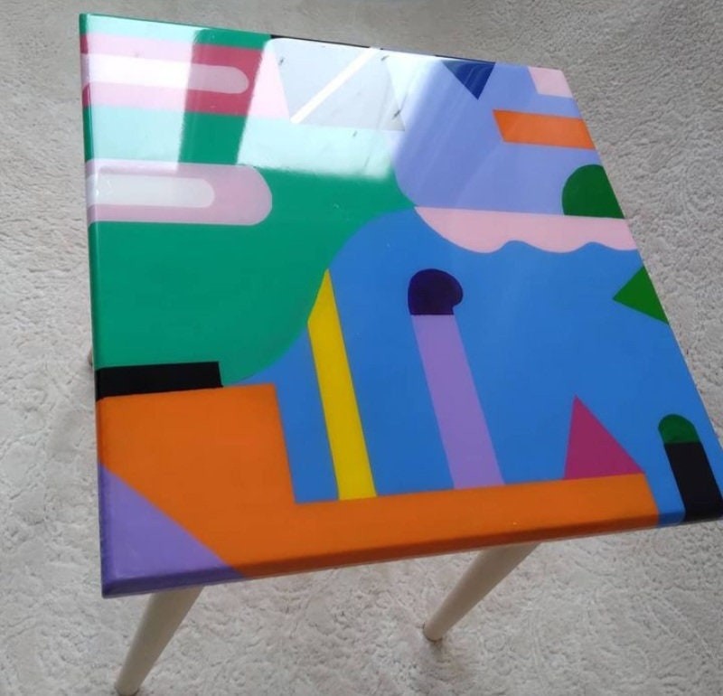 Modern Small Abstract Resin Side Tables, Unique Wood Sofa End Epoxy Living Room Bedside Entryway Cool Funky Fun Pink Blue Boho Coffee Table
