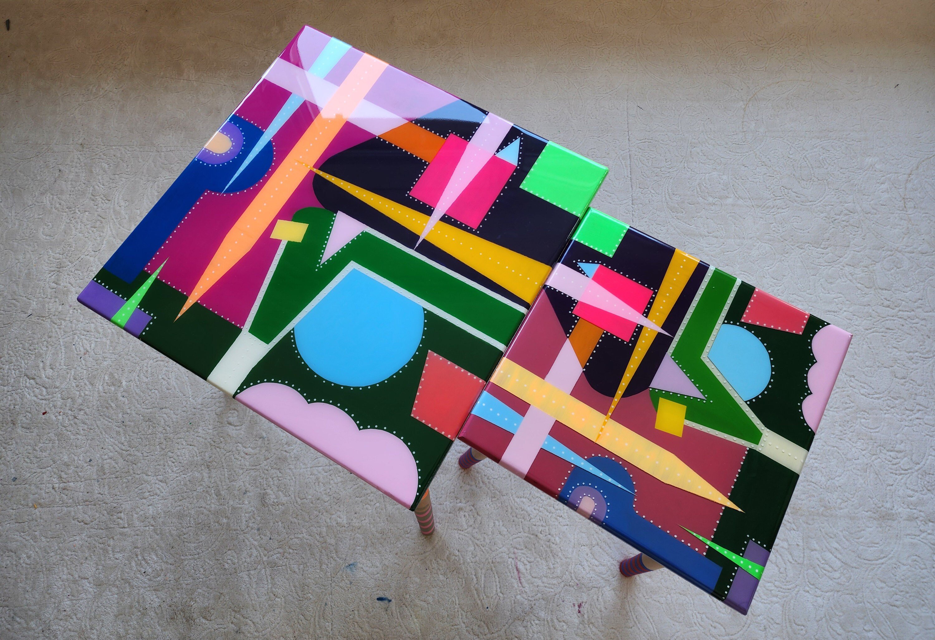 Unusual Abstract Funky Colorful Side Nesting Art Resin Coffee Tables