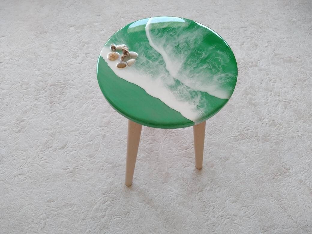 Round Small Resin Ocean Wave Coffee Table, Green Modern Wooden Side Sofa End Unique Coffee Table, Shells,Living Room, Bedroom Bedside Table