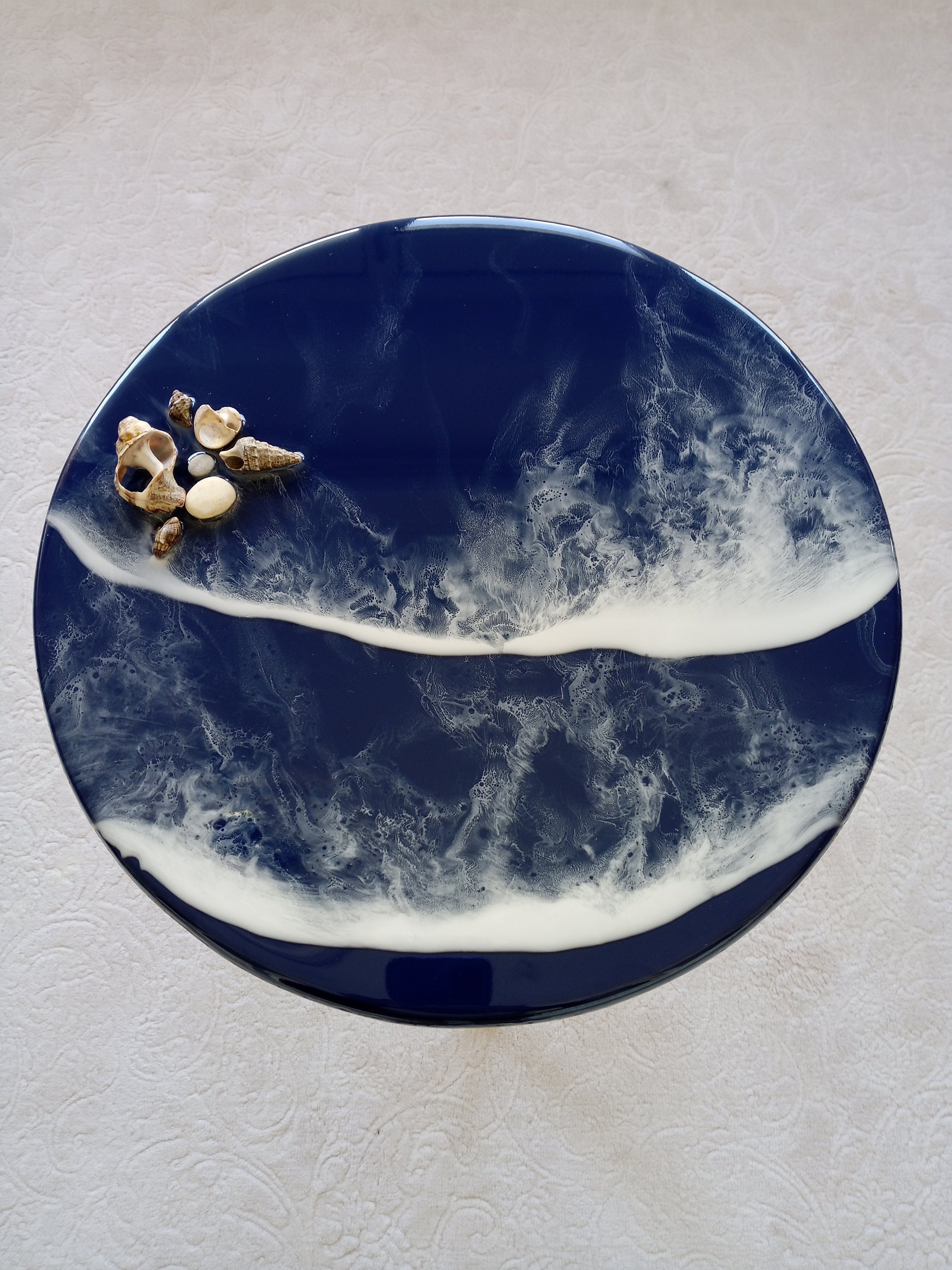 Dark Blue Ocean Wave Resin Side Coffee Table, Round Small Unique Beach House Decor,Living Room Bedside Natural Coastal Cool End Art Table