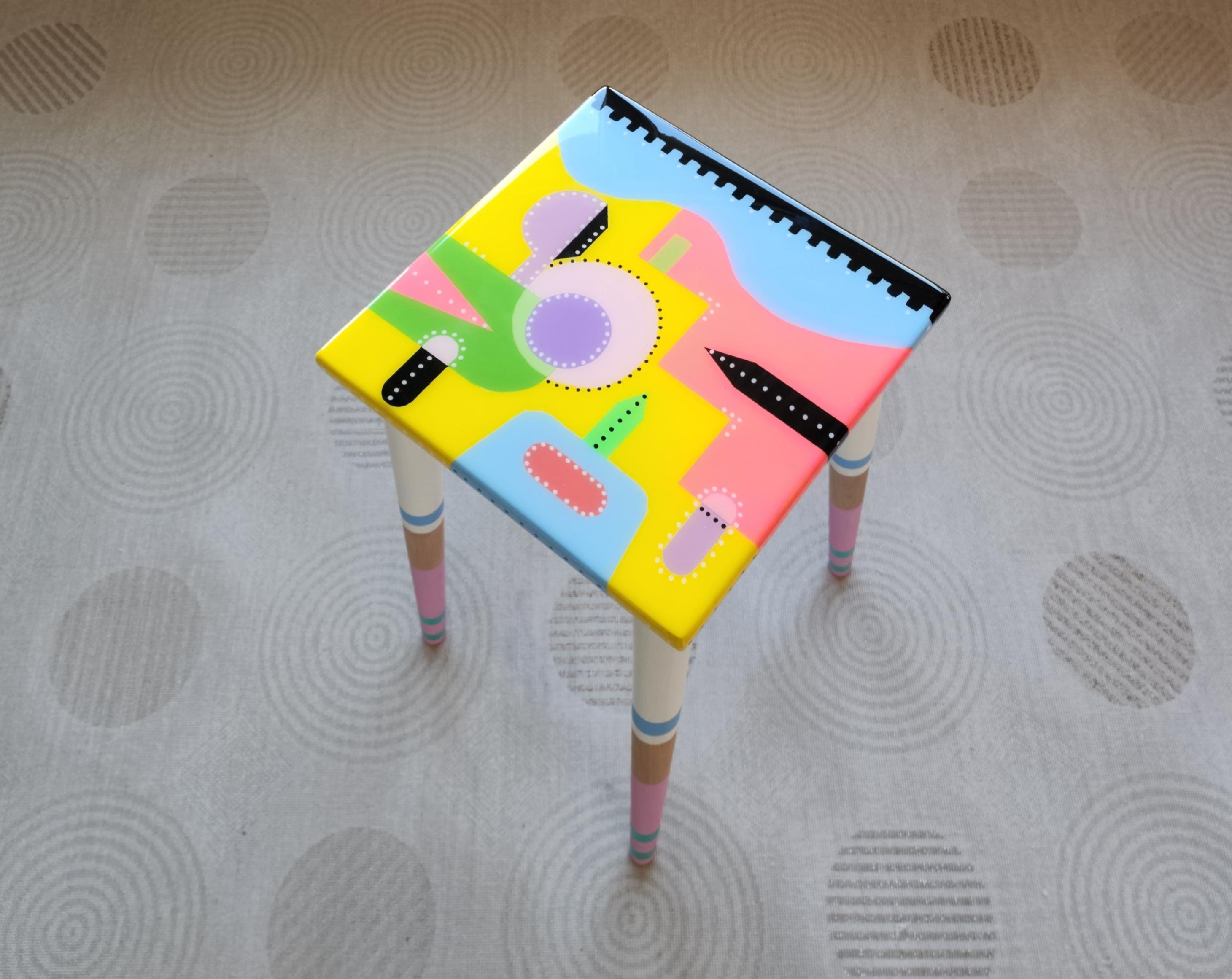 Unusual Yellow Funky Colorful Side End Resin Coffee Table,Geometric Modern Eclectic Abstract Cool Neon Painted Leg Epoxy  Boho Pop Art Table