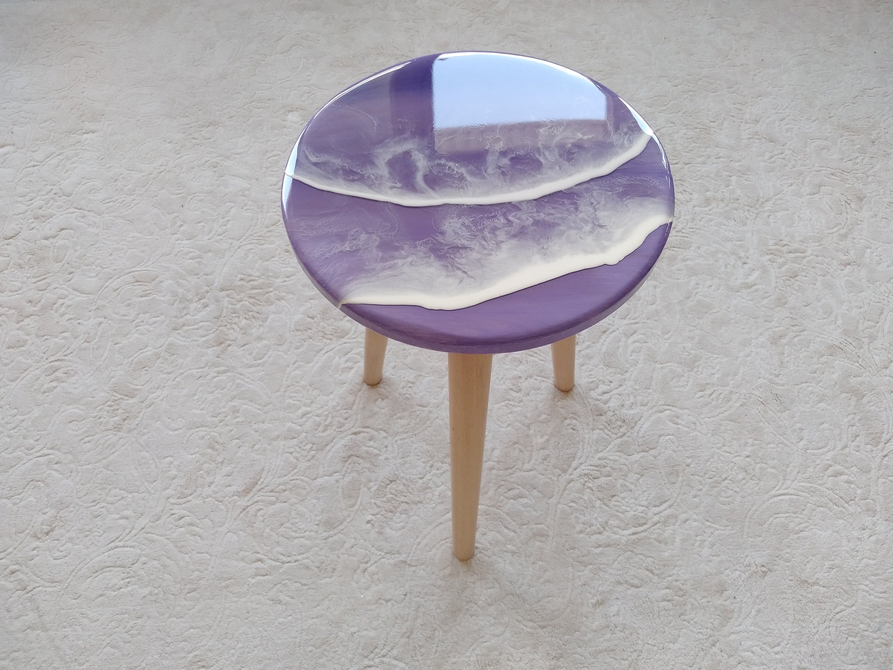 Unique Ocean Wave Resin Sofa Coffee Table, Purple Modern Natural Wood Side Art End Beach Art Design, Living Room, Bedside Bedroom Cool Table
