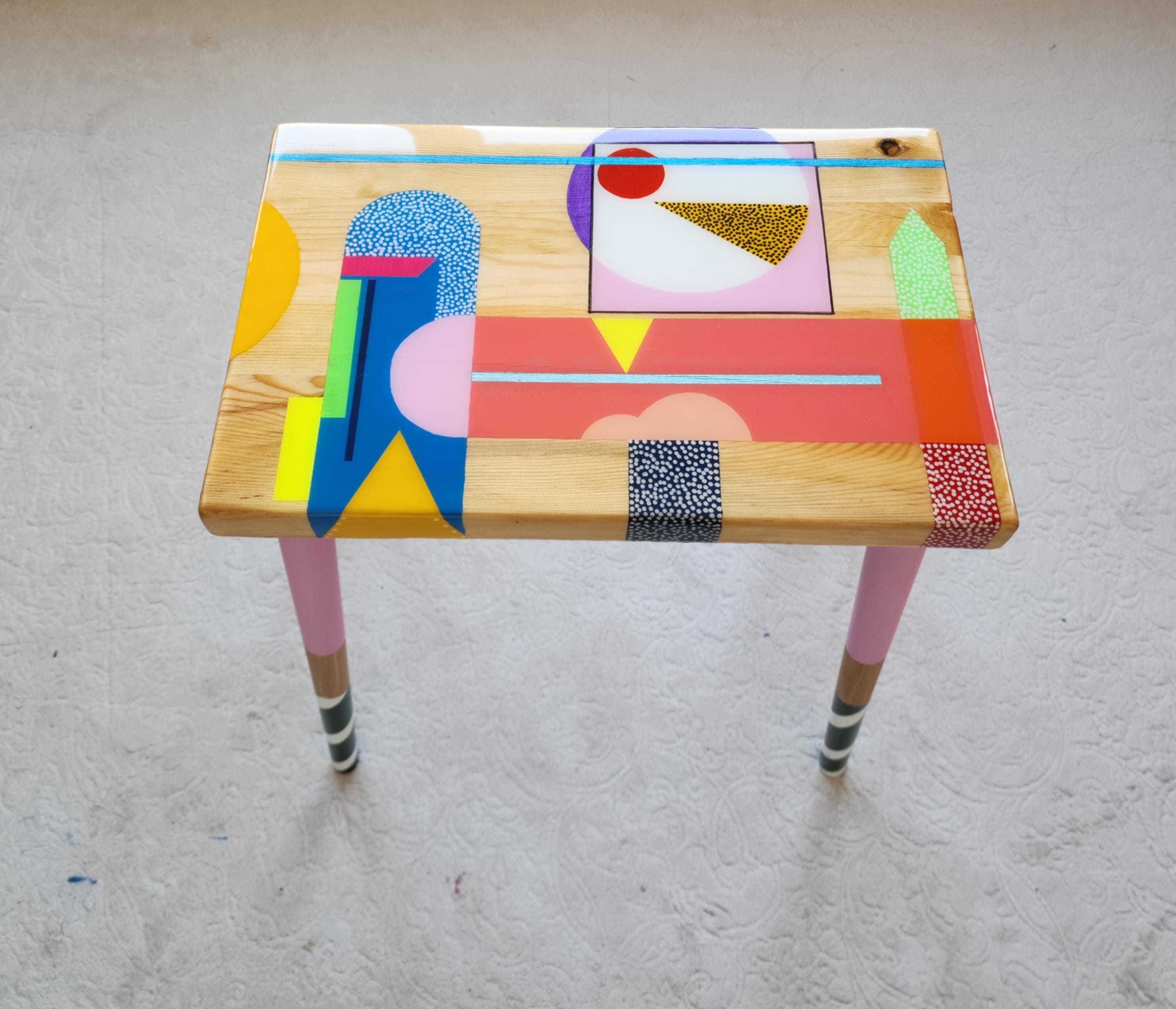 Small Wooden Handmade Resin Cool Side Coffee Table,Pink Modern Bedside Living Room Entryway End Colorful Abstract Funky Boho Epoxy Art Table