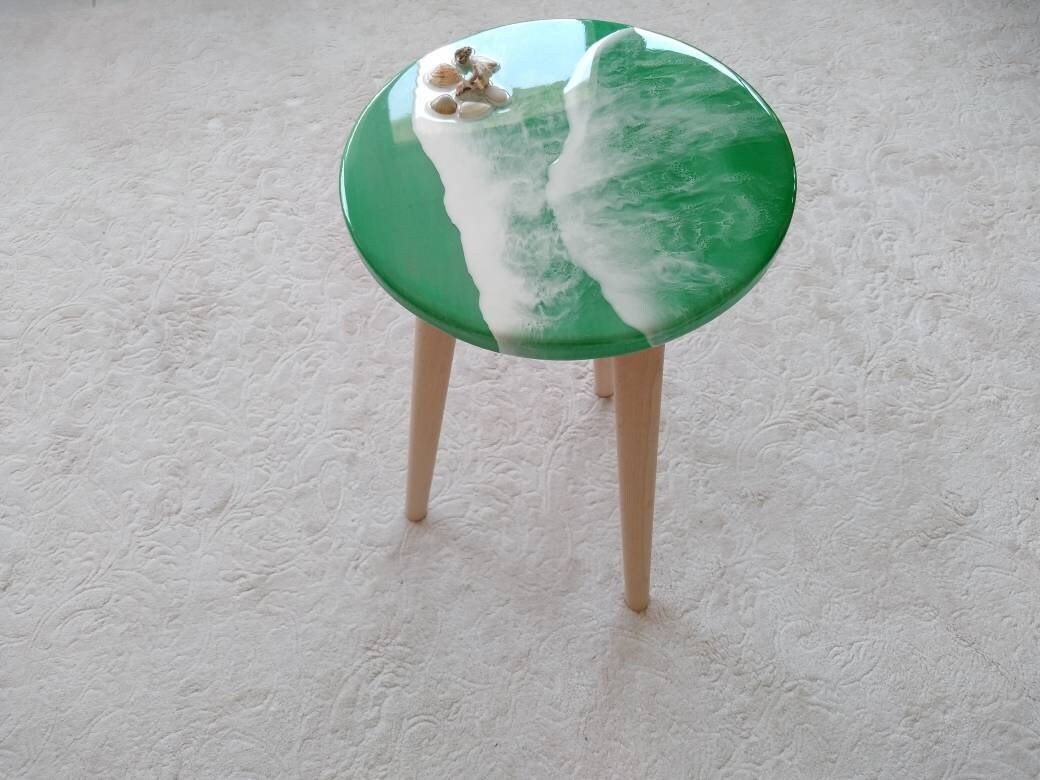 Round Small Resin Ocean Wave Coffee Table, Green Modern Wooden Side Sofa End Unique Coffee Table, Shells,Living Room, Bedroom Bedside Table