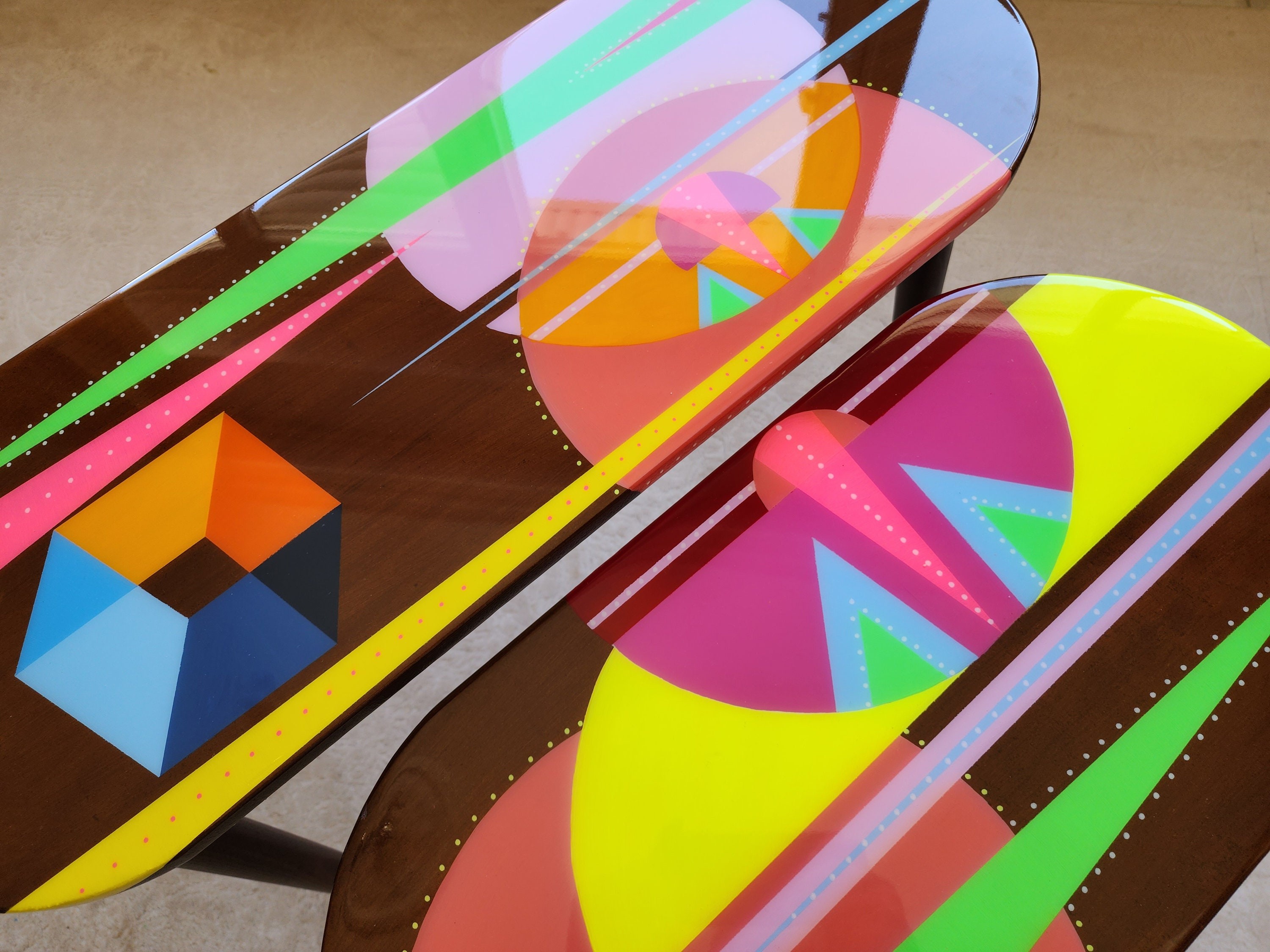 Unusual Pink Funky Colorful Side Narrow Resin Coffee Tables,Maximalist Eclectic Abstract Cool Neon Painted Leg Epoxy Cute Boho Pop Art Table