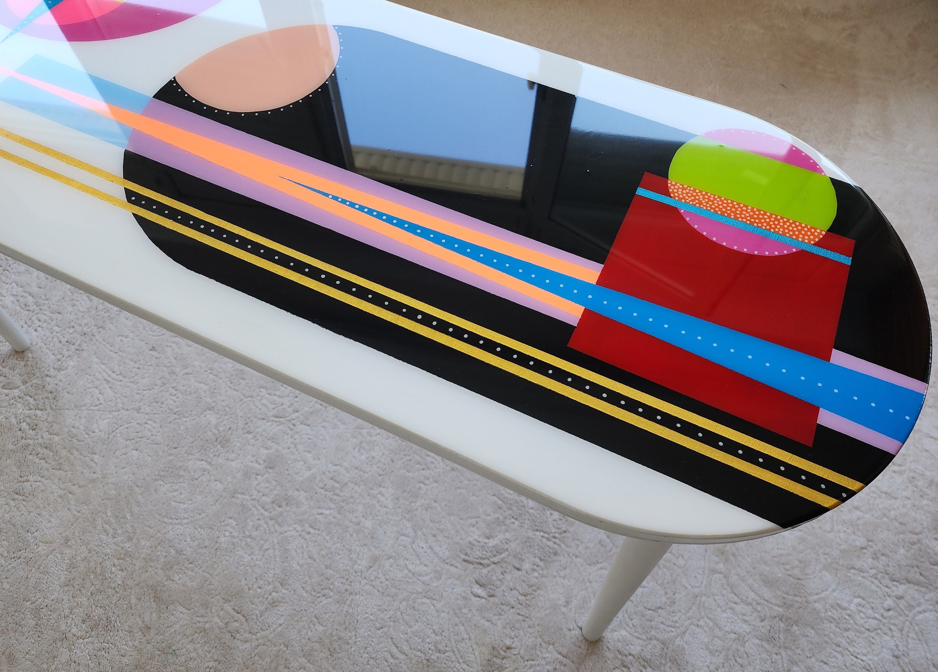 Unusual Colorful Abstract Funky Epoxy Resin White Table, Modern Handmade Cool Eclectic Retro Boho Pop Art Black Side End Center Coffee Table