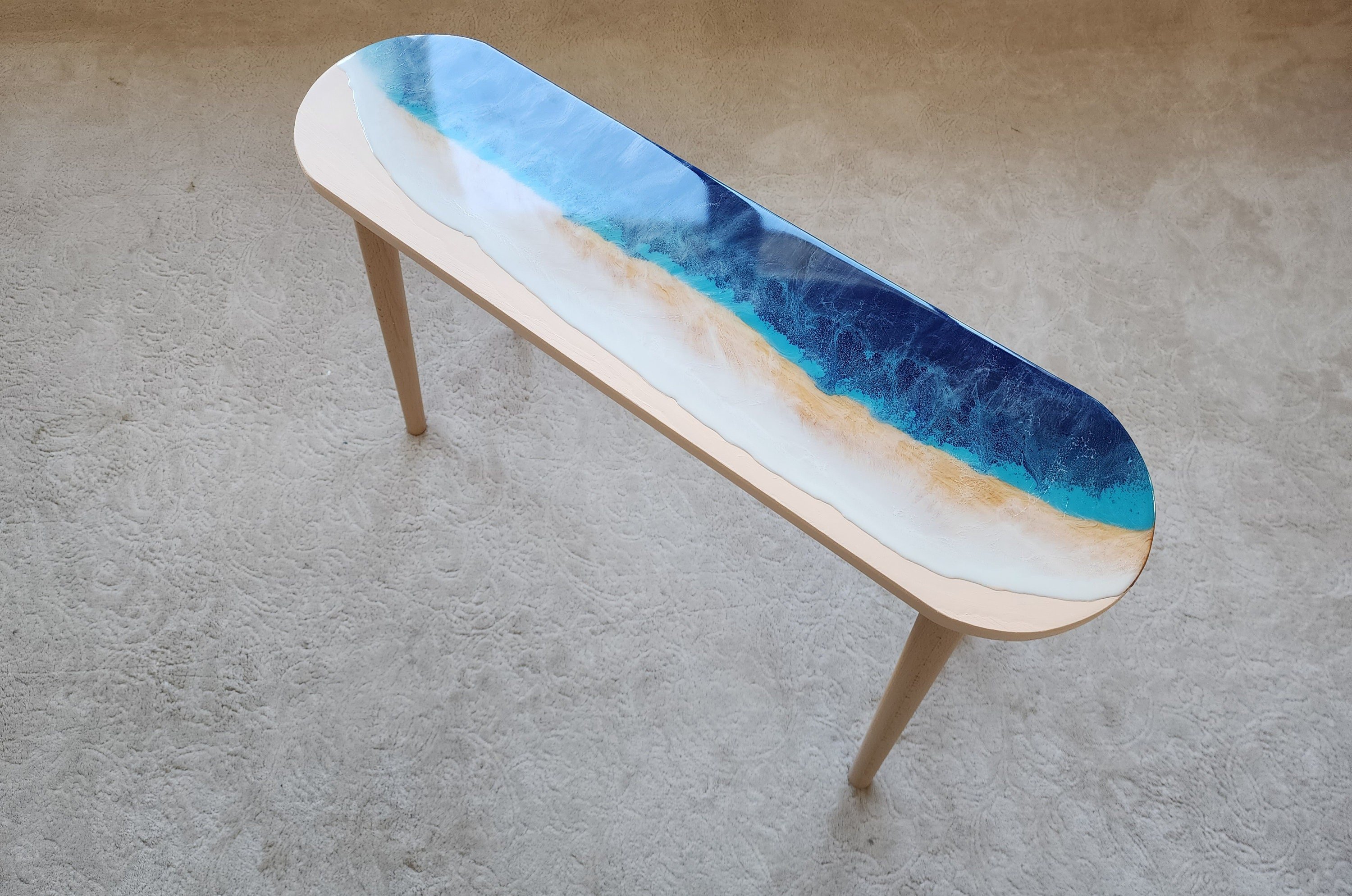 Natural Oval Epoxy Resin Ocean Wave Side Coffee Table, Beach House Decor Blue Coastal Nautical Sea Themed Entryway Bedside Bedroom End Table