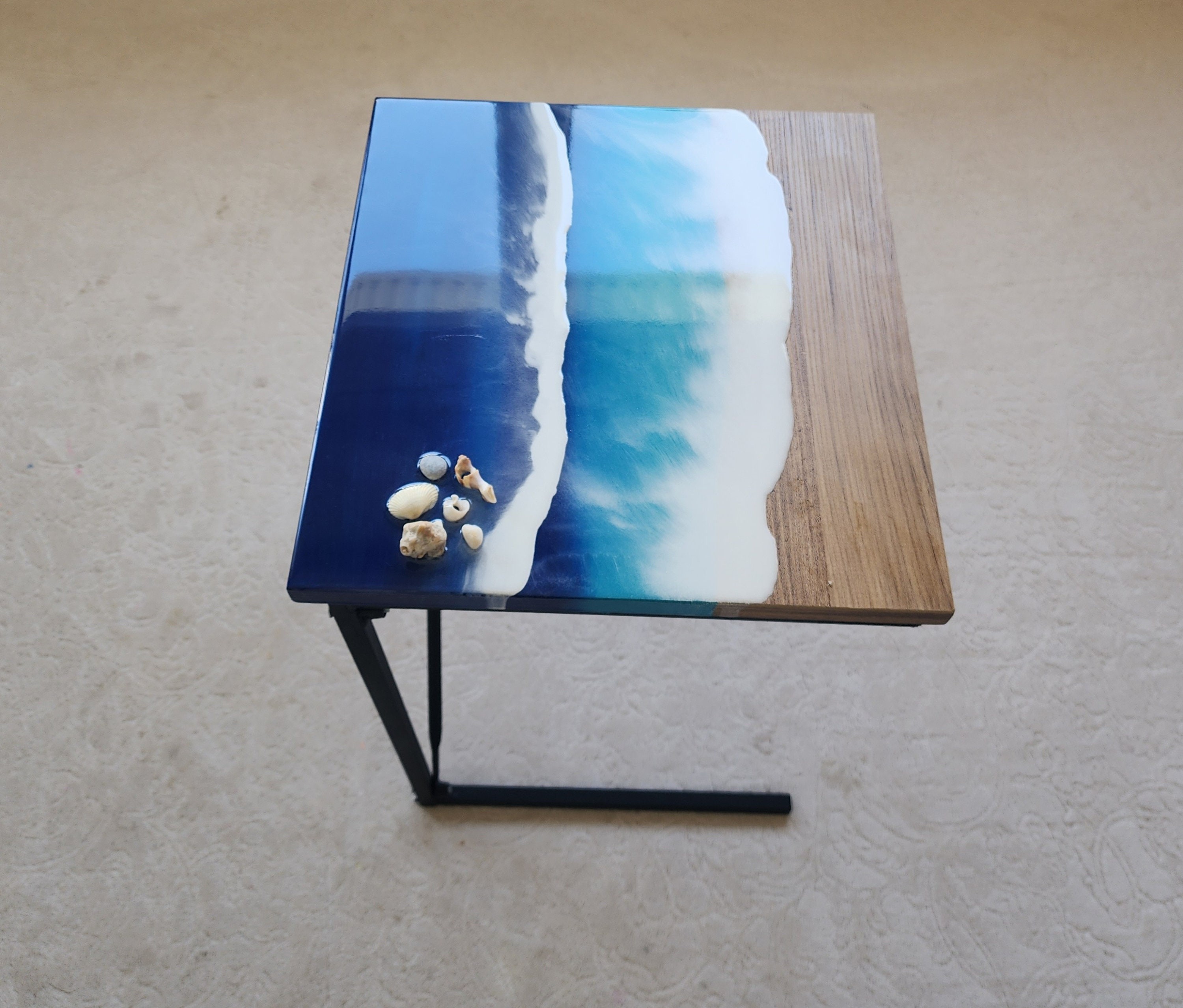 Small C Shape Ocean Wave Epoxy Resin Couch Table, Modern Nautical Sofa Side Sea End Table, Coastal Seashell Beach Snack Art Coffee Table