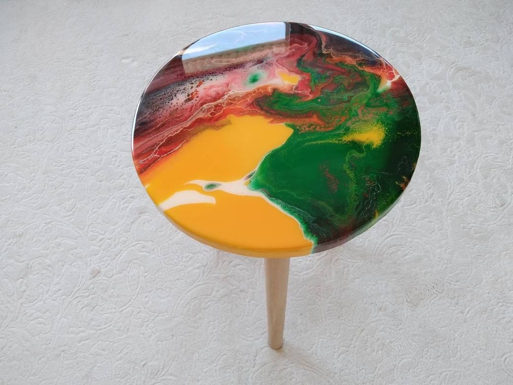 Round Yellow Red Side Resin Coffee Table, Bedside Blue Green Modern Unique Wood Handmade Wooden Abstract Art Sofa End Cool Amazing Table