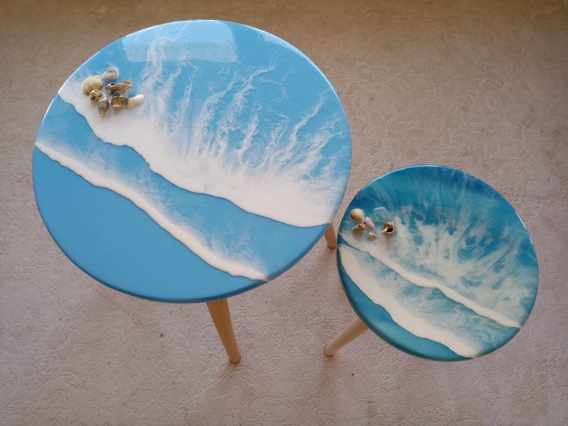 Round Ocean Wave Resin Side Coffee Tables, Unique Wooden Bedside Living Sofa End Natural Center Beach Themed Sea Art Seashells Coffee Table