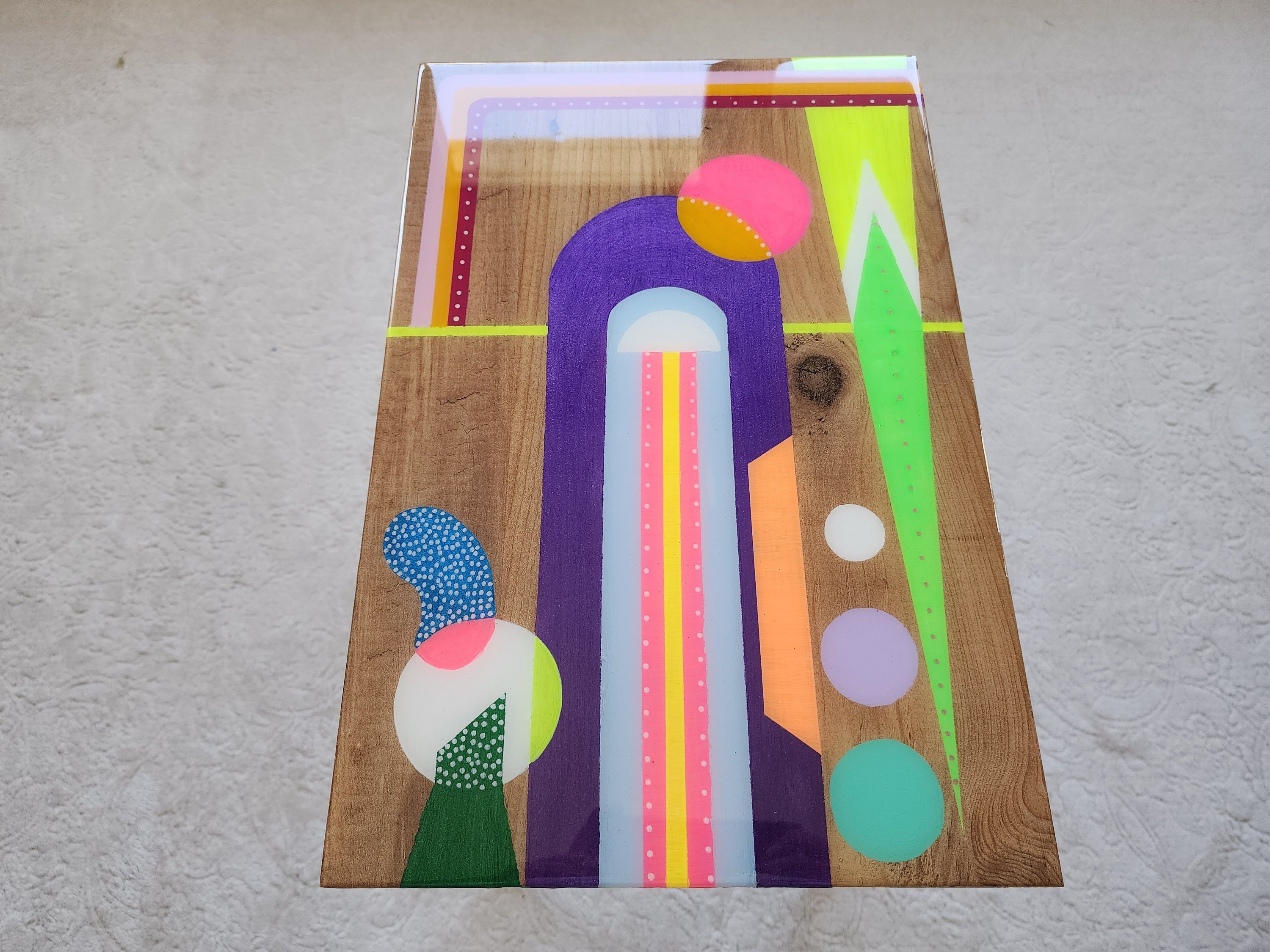 Unusual Unique Wooden Retro Epoxy Resin Side Coffee Table,Colorful Funky Eclectic Rainbow Abstract Pop Art Hand Painted Cute End Sofa Table
