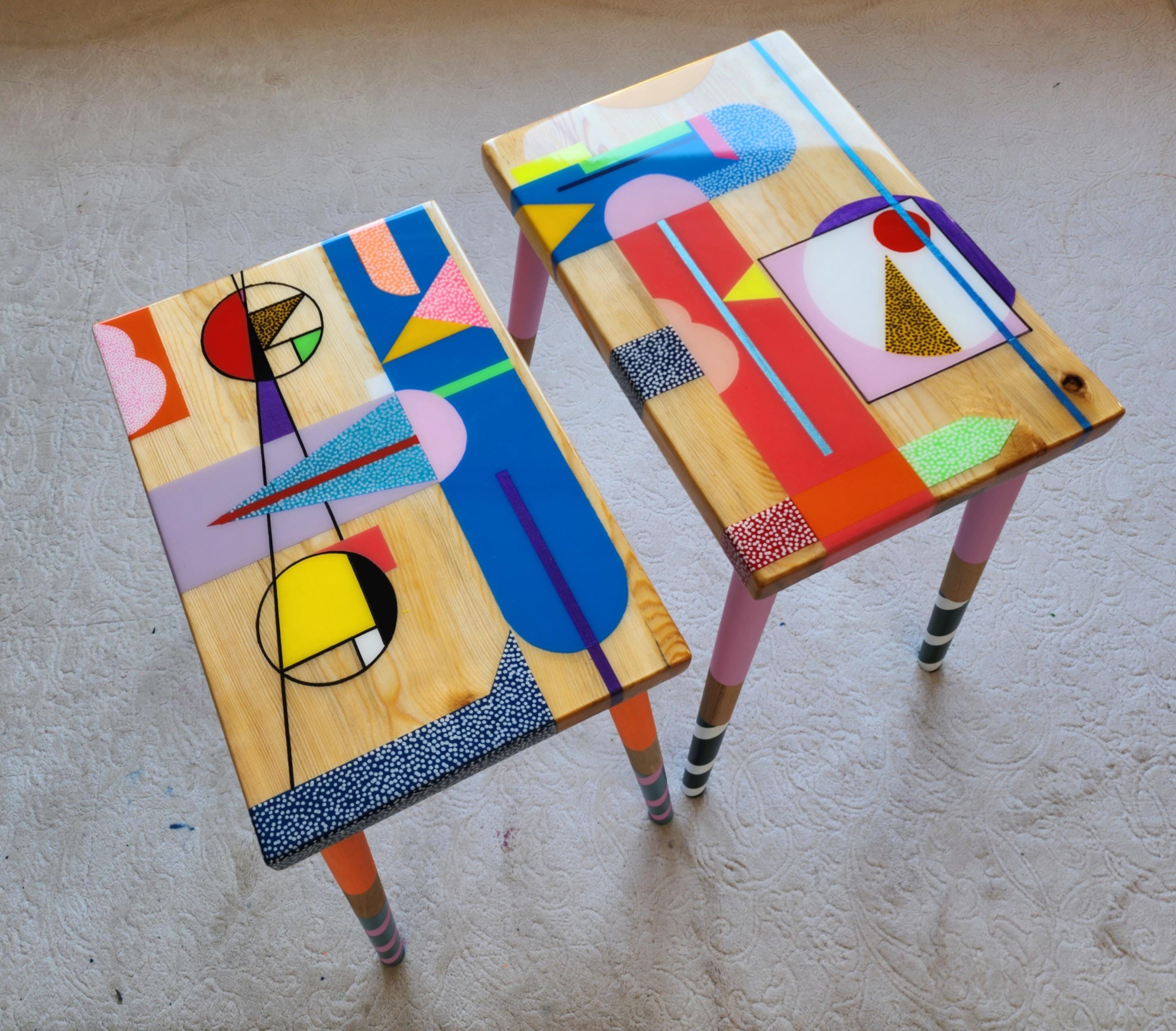Colorful Pink Blue Painted Funky Resin Side Art Coffee Tables,Unique Abstract Bedside Living Room Entryway Boho MCM Quirky Epoxy Cute Table