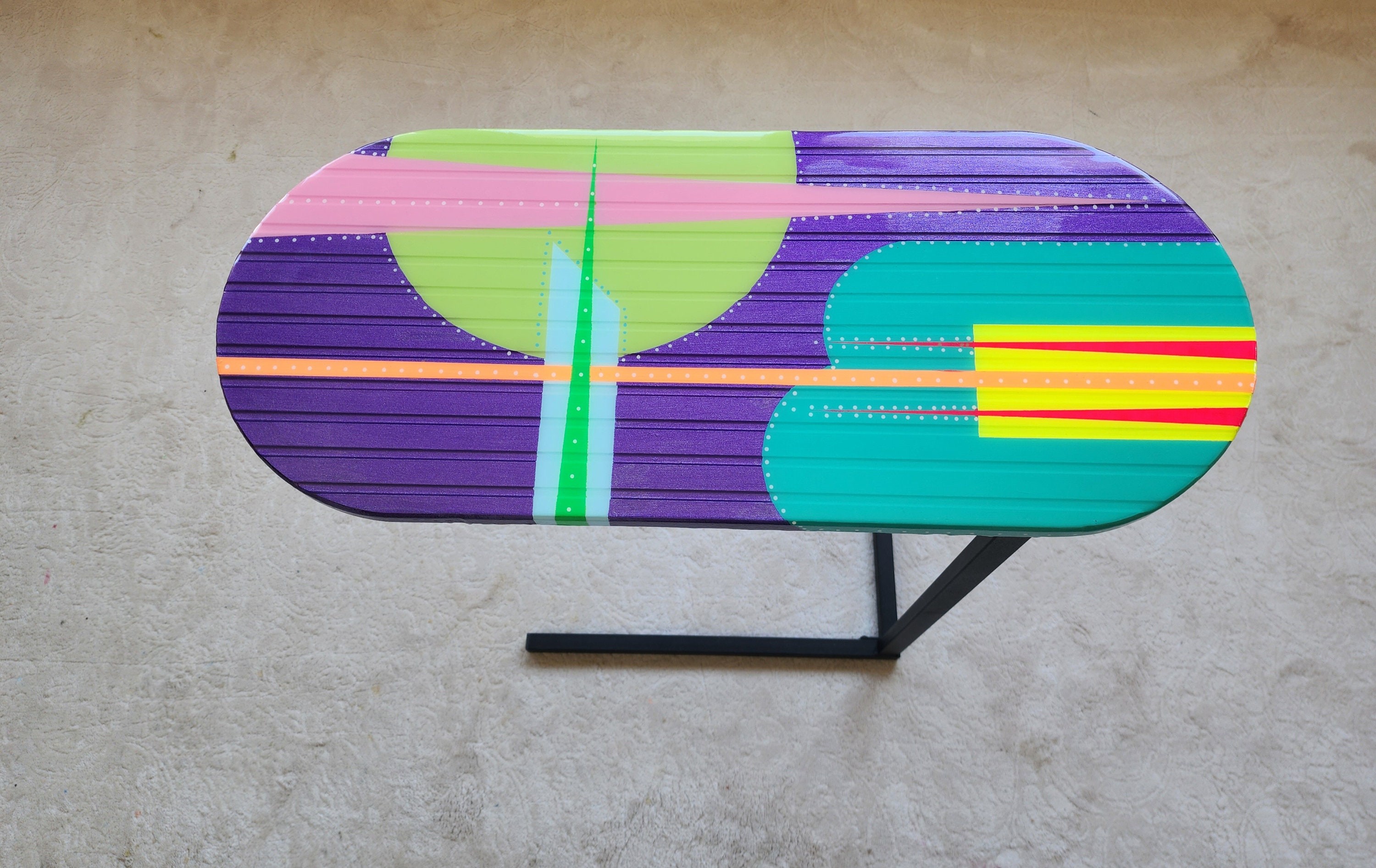 Wooden C Shape Colorful Side End Resin Coffee Table With Metal Legs, Abstract Cool Vintage Retro Modern Geometric Design Purple Couch Table