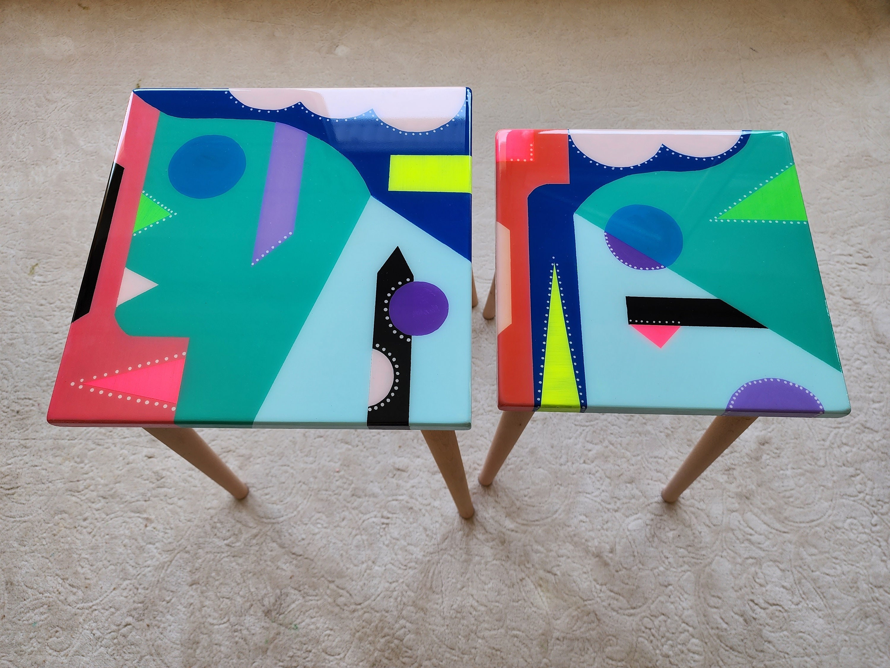 Unusual Epoxy Resin Colorful Abstract Side Coffee Tables, Eclectic Furniture, Blue Pink Modern Small Wooden Funky Pop Art Cool End Tables