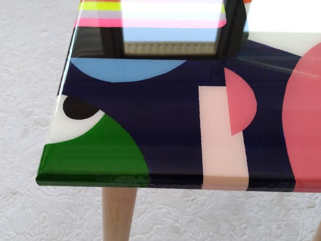 Small Abstract Colorful Resin Side End Coffee Table, Modern Mid Century Style Orange Yellow Unique Wooden Funky Boho Cool Art Coffee Table