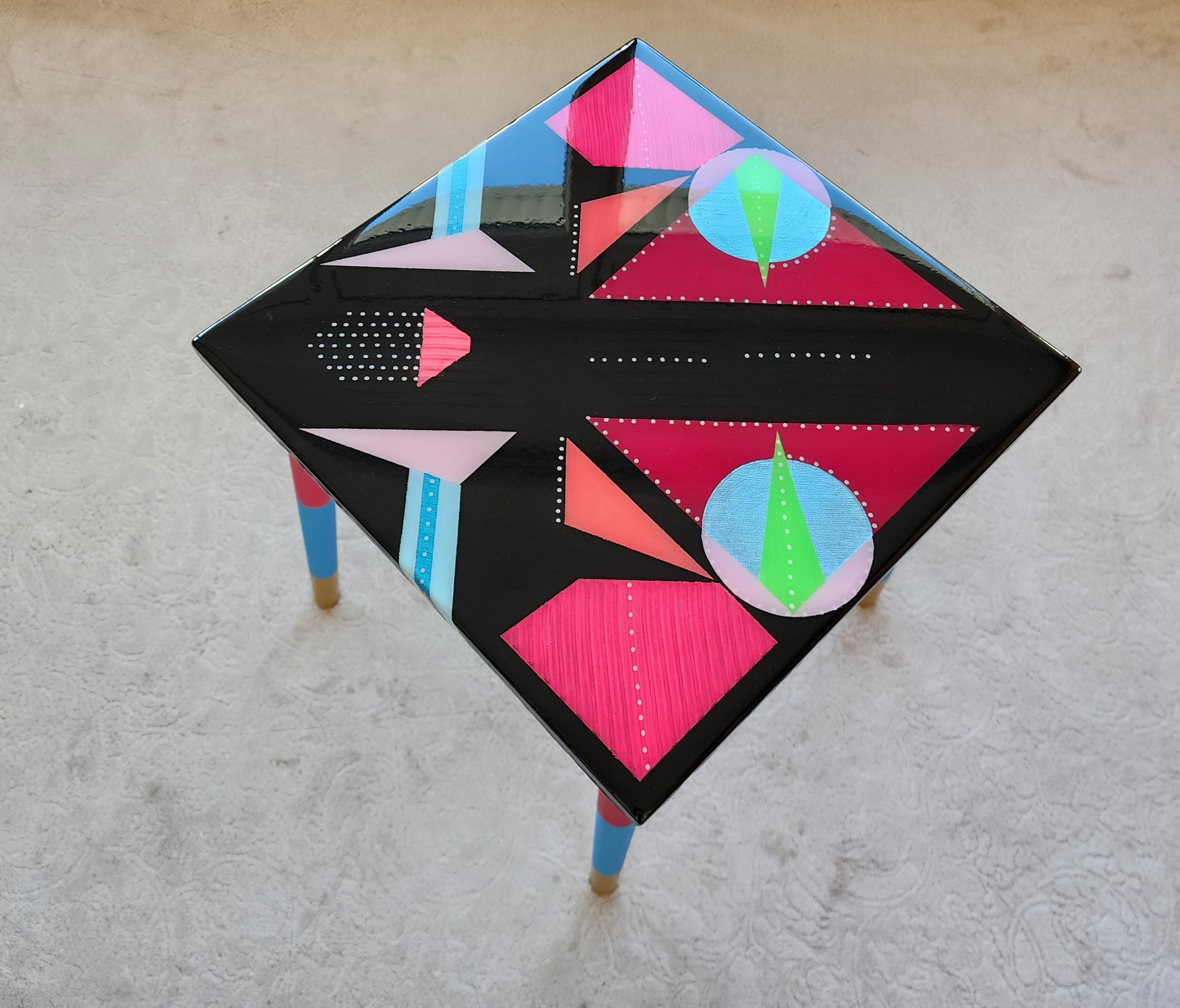 Hand Painted Black Abstract Wooden Epoxy Resin Side End Table, Colorful Funky Eclectic Rainbow  Pop Art Cute Unusual Geometric Coffee Table