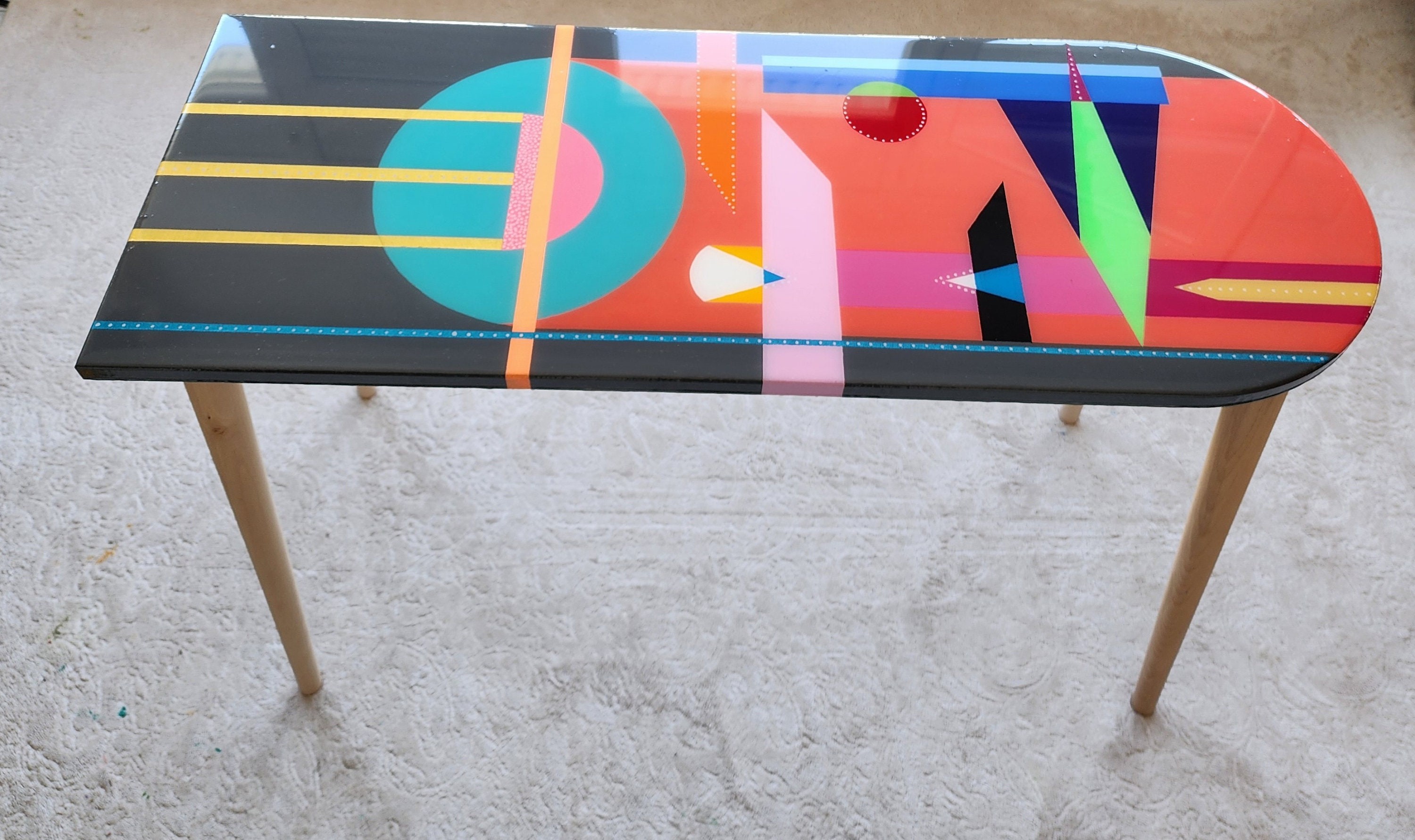 Oval Colorful Funky Abstract Epoxy Resin Side Coffee Table,Pink Black Groovy Vibrant Wooden Rainbow Retro Cool Luxury Center Art End Table