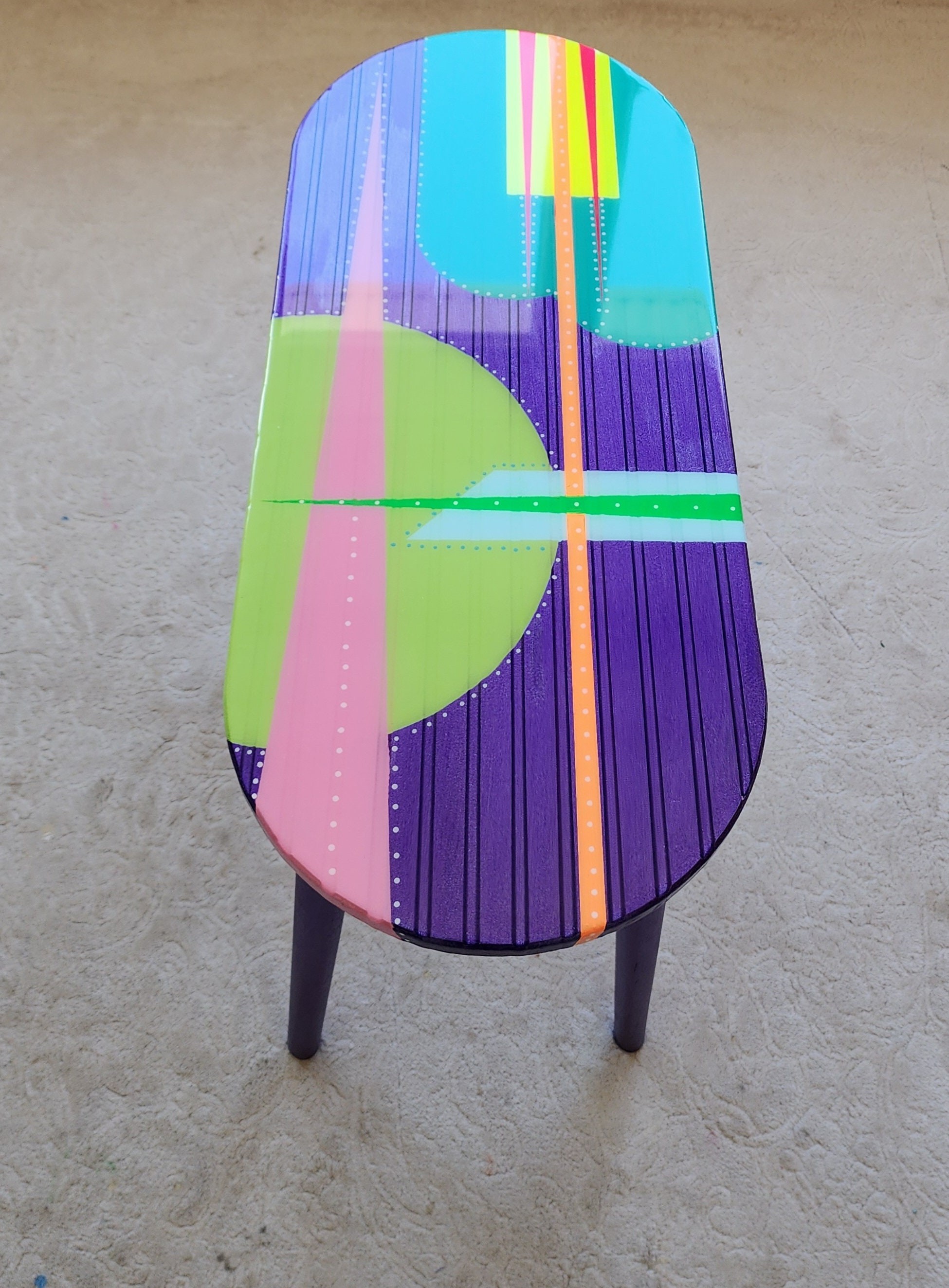 Unusual Oval Purple Funky Colorful Side Resin Coffee Table, Maximalist Eclectic Abstract Cool Neon Painted Leg Epoxy Cute Boho Pop Art Table