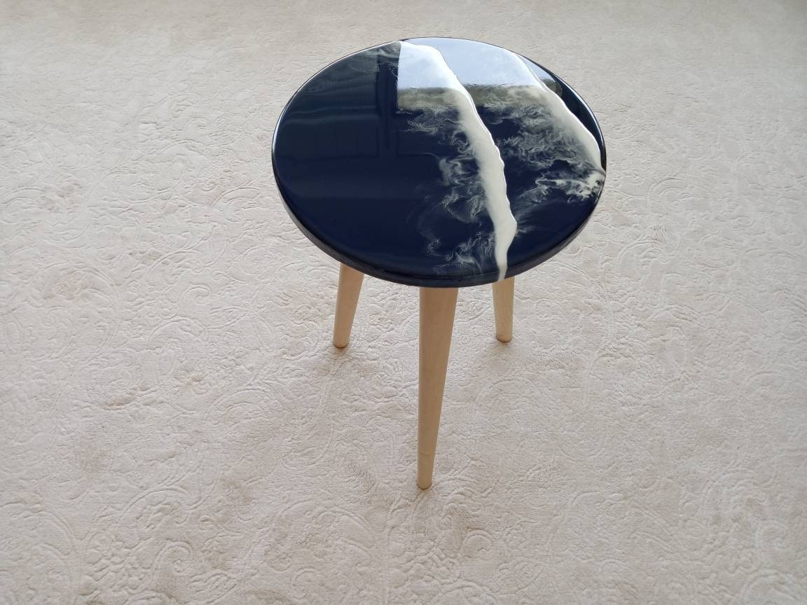 Round Ocean Wave Natural Resin Side Coffee Table,Beach Art Design Modern Small Wooden Sofa End Unique Living Room,Bedroom Bedside Cute Table