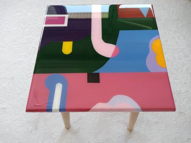 Modern Small Abstract Resin Side Tables, Unique Wood Sofa End Epoxy Living Room Bedside Entryway Cool Funky Fun Pink Blue Boho Coffee Table