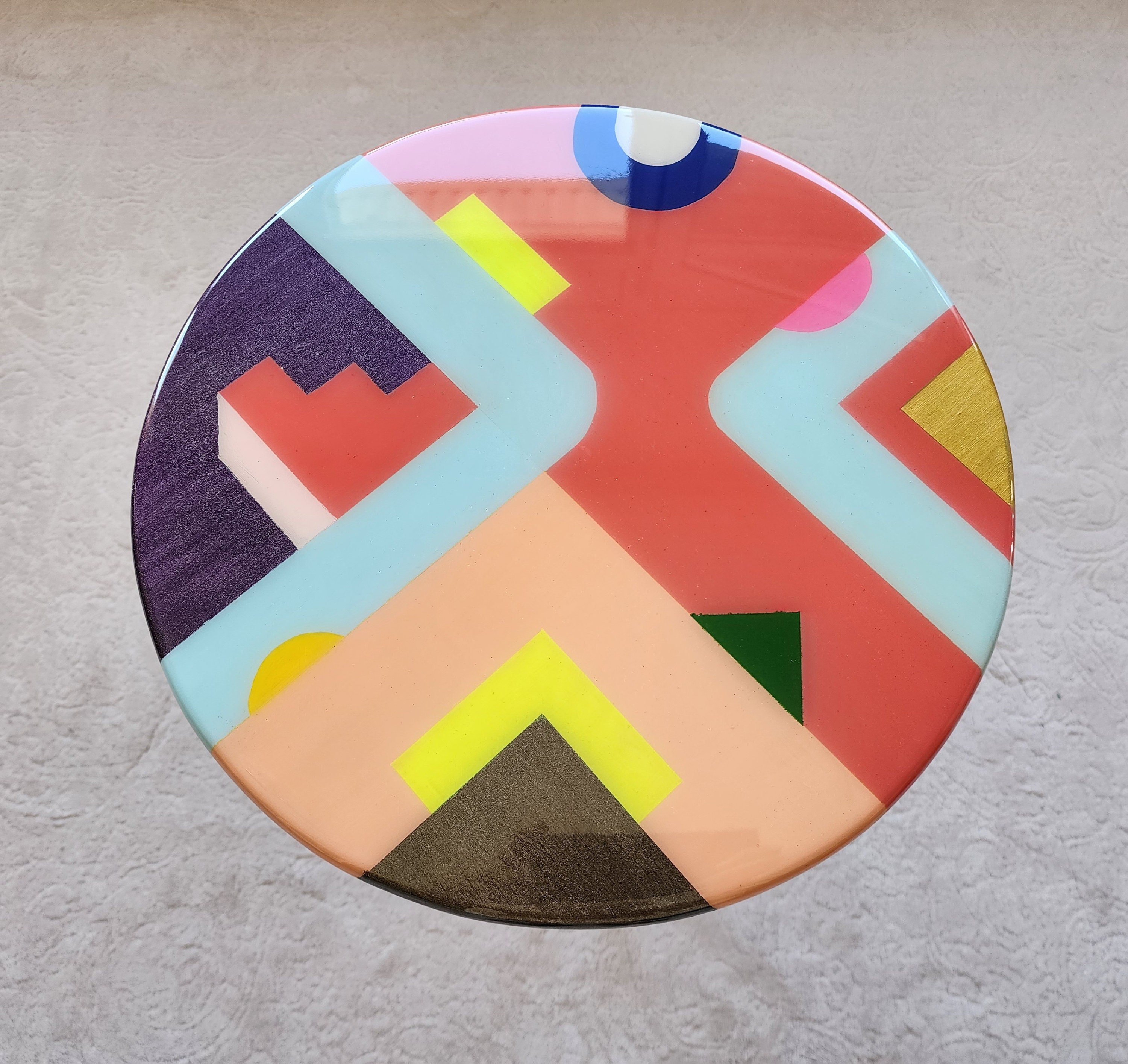 Modern Painted Colorful Abstract Resin Side Coffee Tables, Unique Round Oval Funky Center Bedside Entryway Epoxy Art End Cool Acrylic Table