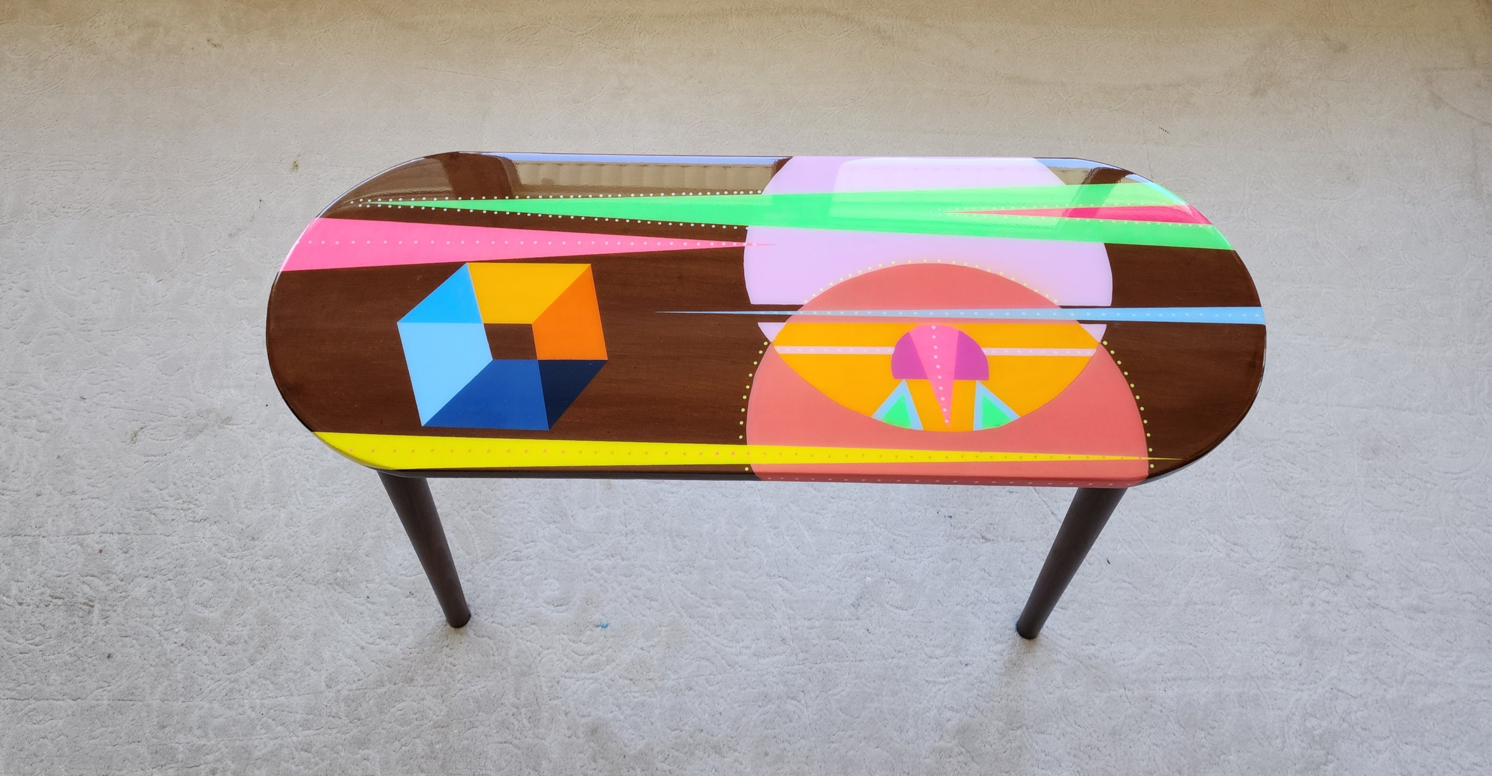 Oval Handmade Funky Colorful Resin Side Coffee Table,Wooden Retro Vintage Abstract Painted Pop Art Living Room Cool Pink Brown Unusual Table