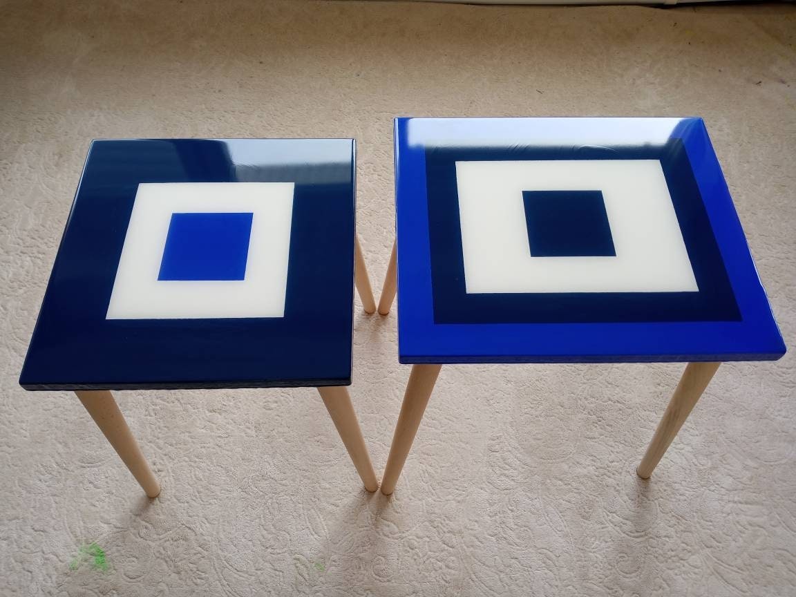 Square Resin Blue White Narrow Side Coffee Tables, Unique Wooden Bedside Living Room Modern Center End Sofa Minimal Abstract Epoxy Tables