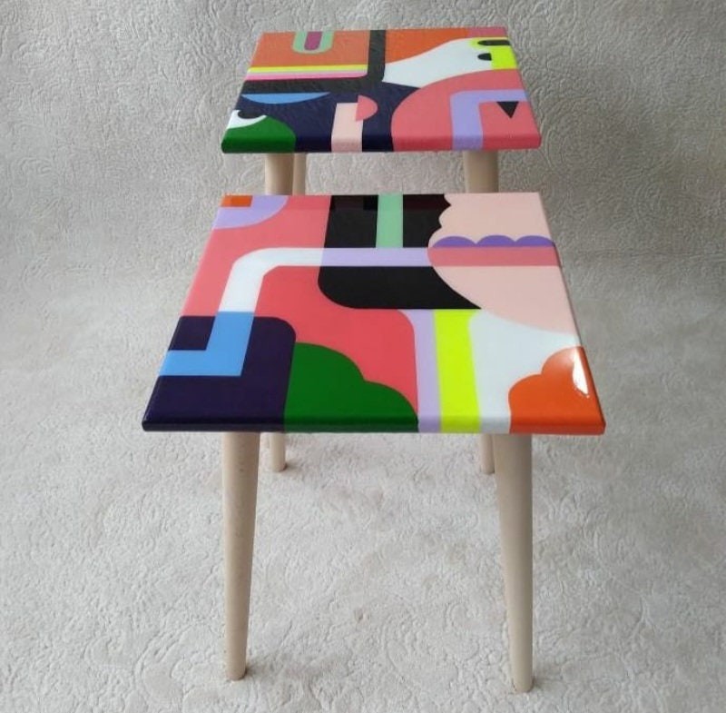 Abstract Modern Colorful Resin Side Coffee Tables, Funky Retro Art Furniture Cool Living Room Sofa Live Edge Wooden Vintage Epoxy End Table
