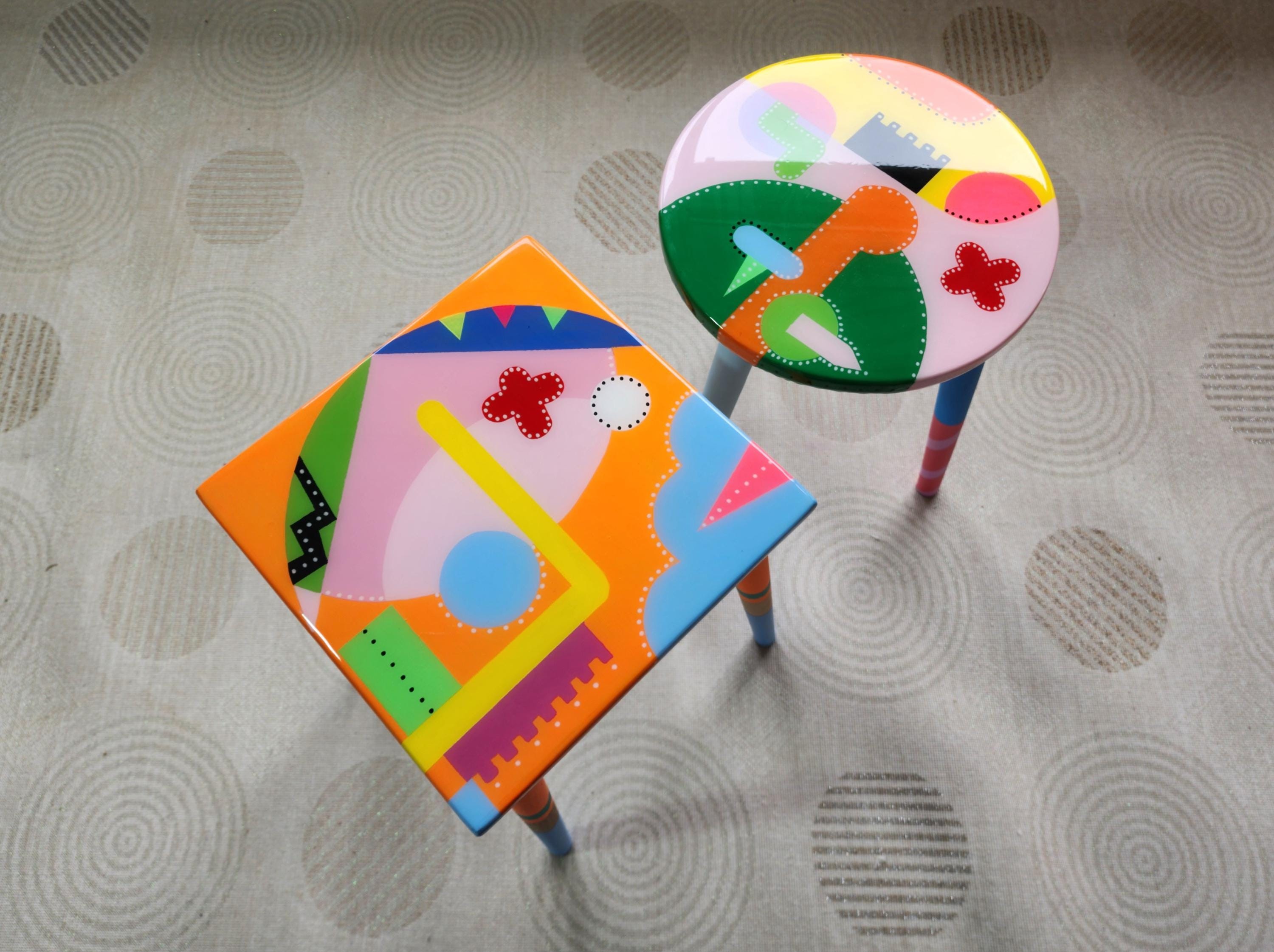 Colorful Funky Abstract Cool Furniture,Resin Side Coffee Tables Wooden Modern Pink Orange Acrylic Painted Quirky Bedside Cute Art Nightstand
