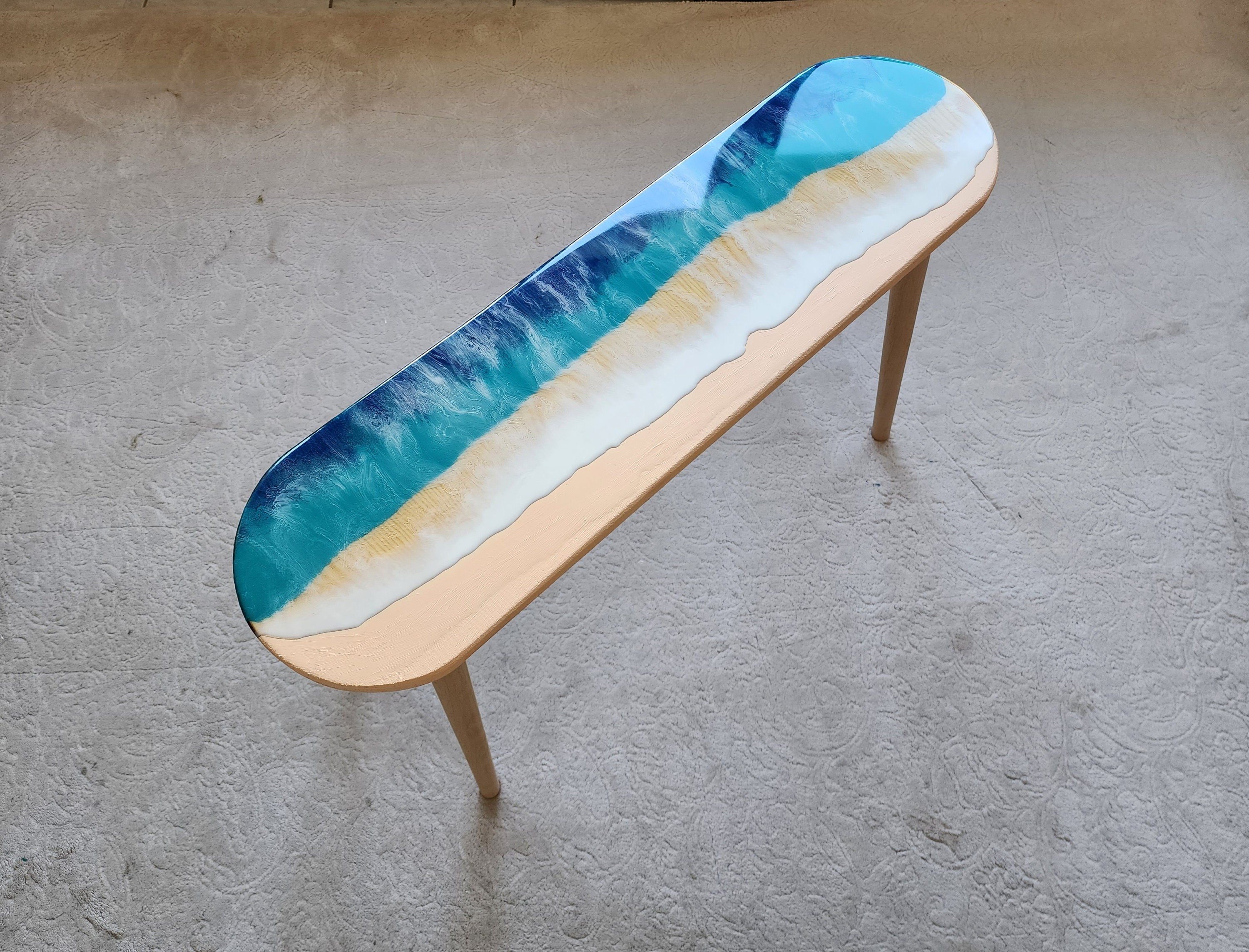 Oval Epoxy Resin Ocean Waves Side Coffee Table,  Natural Beach House Decor Blue Coastal Nautical Sea Themed Entryway Bedside Bedroom Table