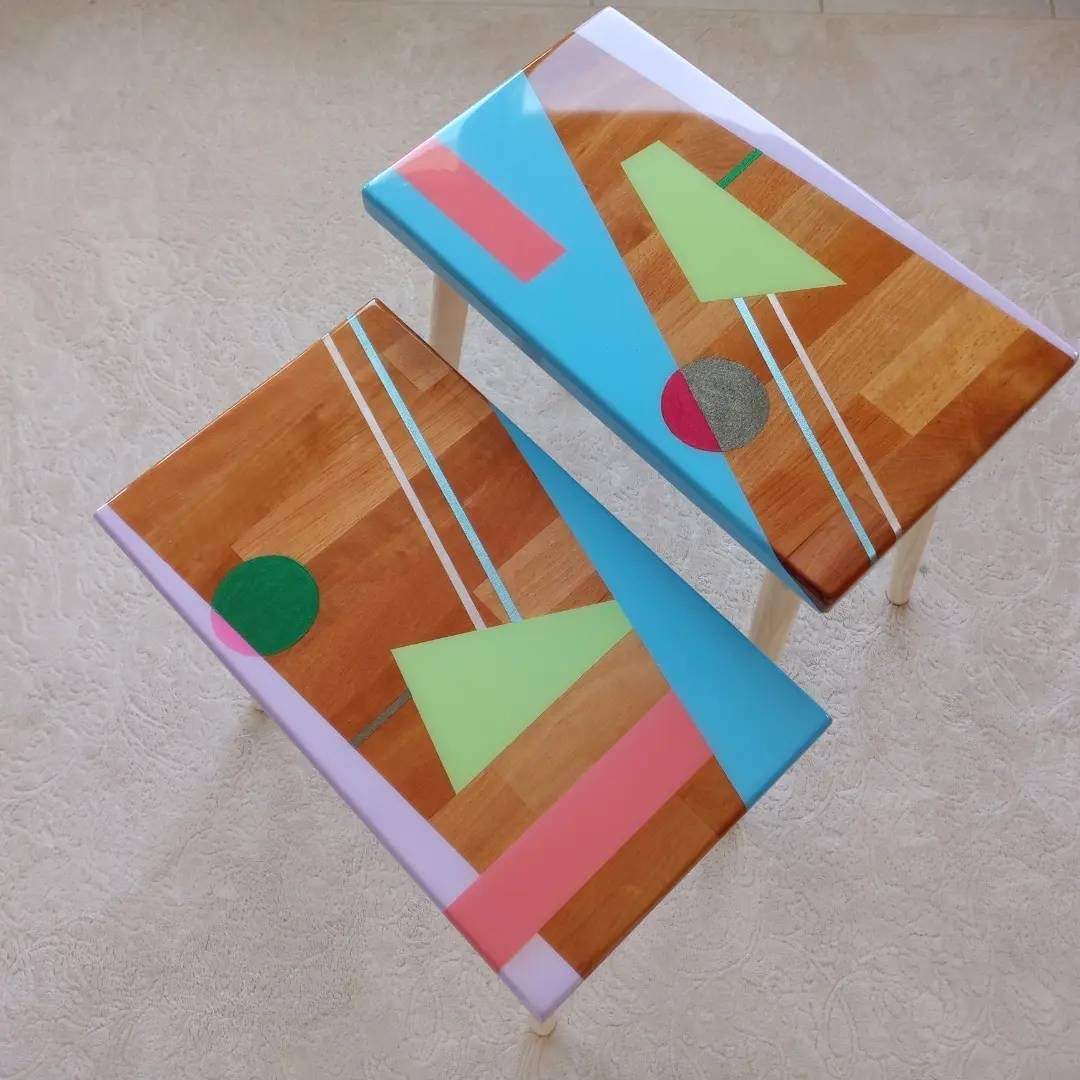 Modern Resin Narrow Colorful Abstract Side Tables , Unique Bedside Living Room Table, Wooden Sofa End Epoxy Art Blue Pink Green Coffee Table