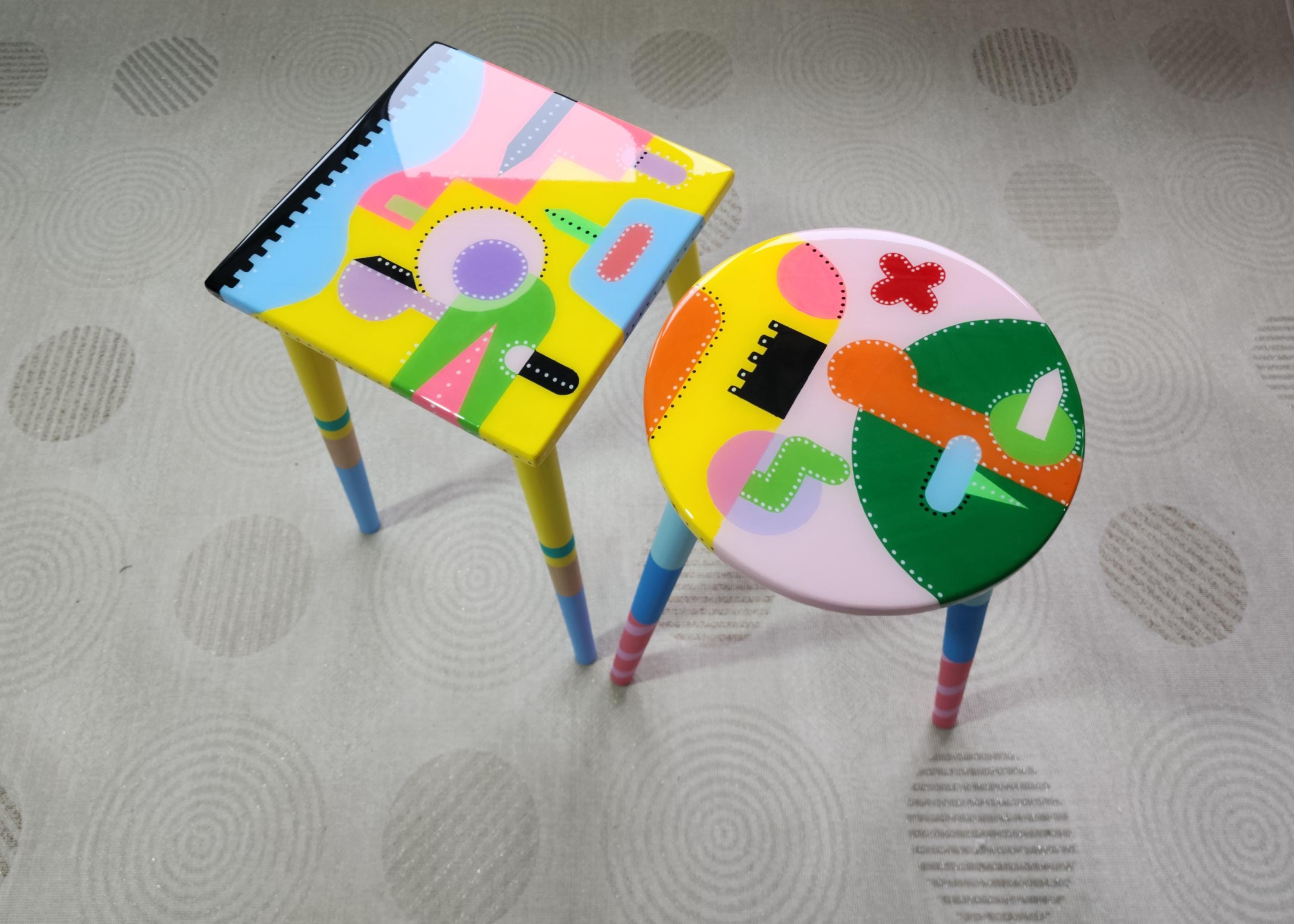 Colorful Painted Funky Abstract Cool Resin Side Coffee Tables,Wooden Modern Pink Orange Acrylic Quirky Bedside Furniture Cute Art Nightstand