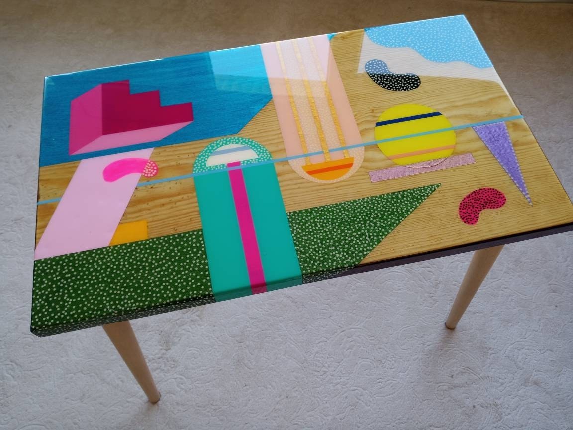 Handmade Colorful Abstract Funky Resin Side End Table, Unique Wooden Entryway Living Room Bedside Bedroom Epoxy Sofa Boho Art Coffee Table