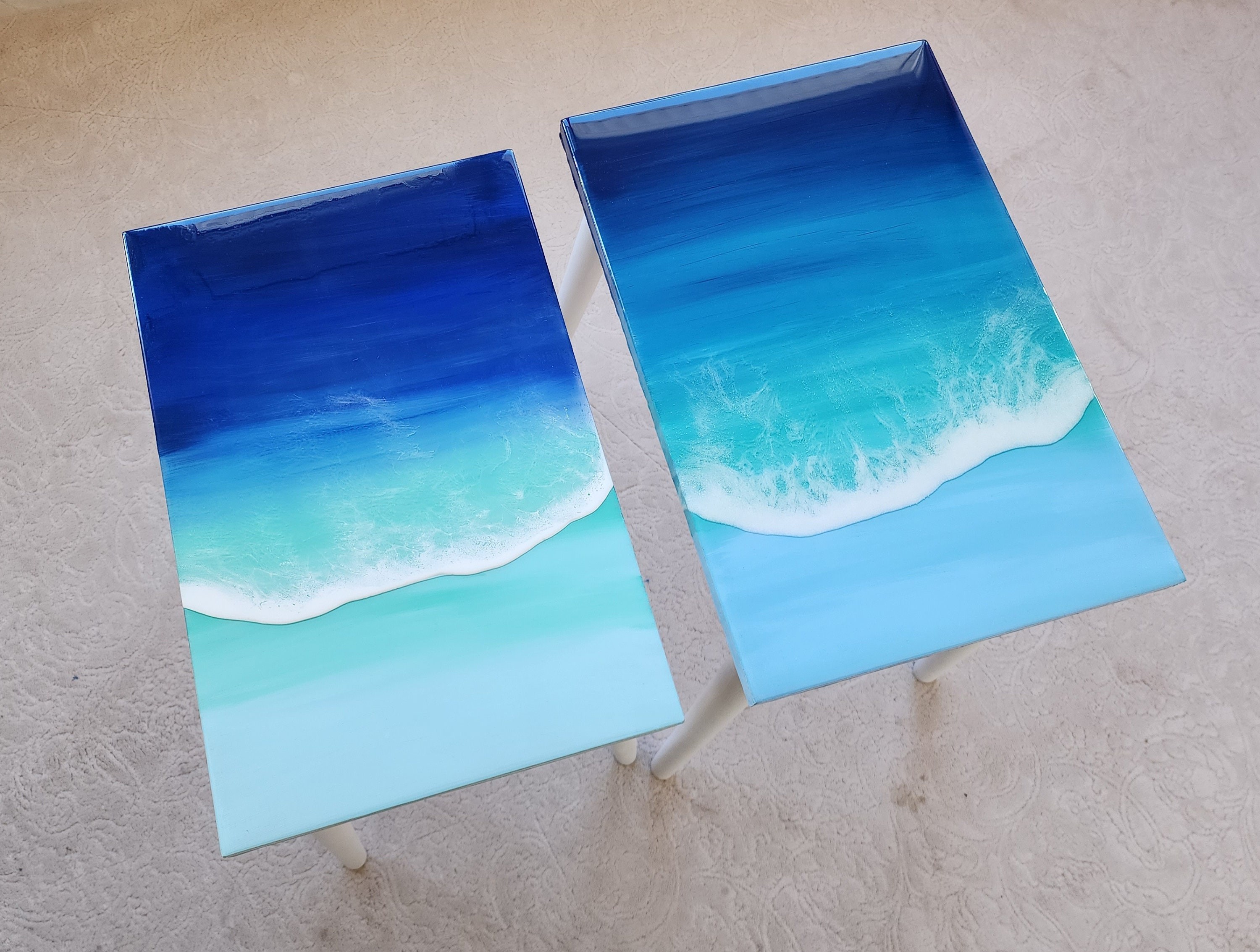 Natural Epoxy Resin Coffee Beach Side Tables With Ocean Wave Design, Handmade Wooden Blue White Sea Tables In Nautical Style, Coastal Tables