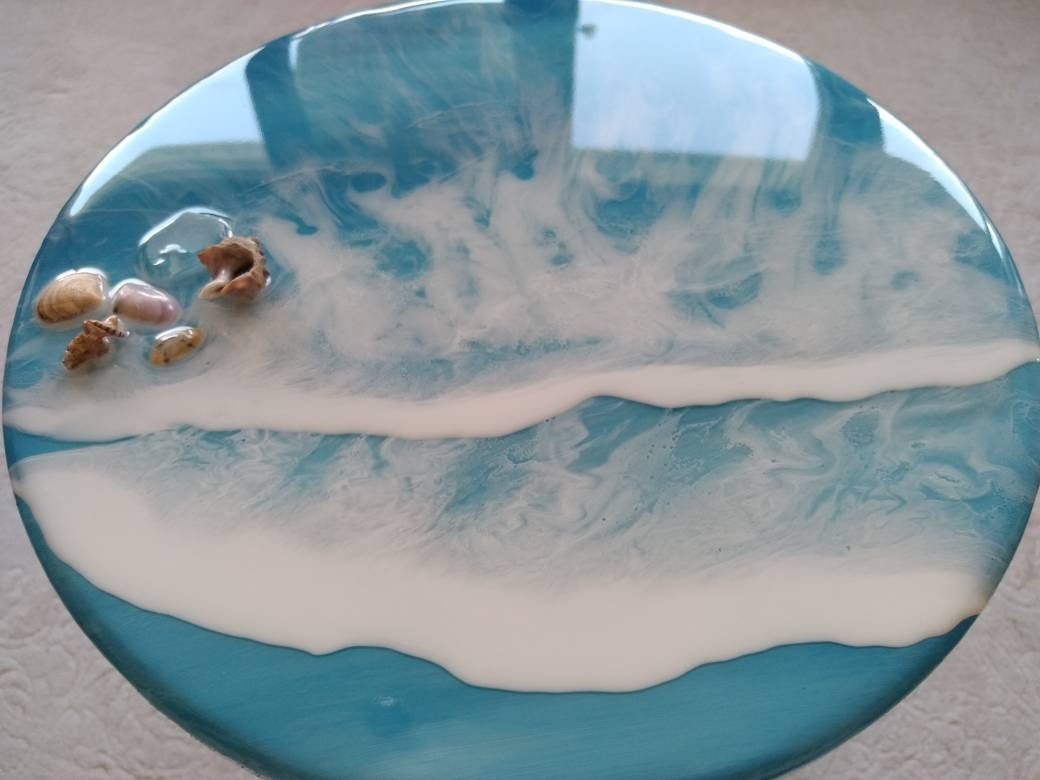 Unique Blue Ocean Wave Resin Side Coffee Table,  Modern Natural Wooden Sofa End Beach House Decor,Living Room, Bedside Cool Sea Art Table