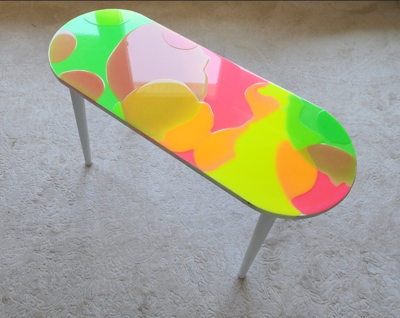 Modern Colorful Abstract Resin Funky Pink Side Coffee Table, Wooden Multicolor Furniture Cool Living Room Epoxy Art Live Edge Boho End Table