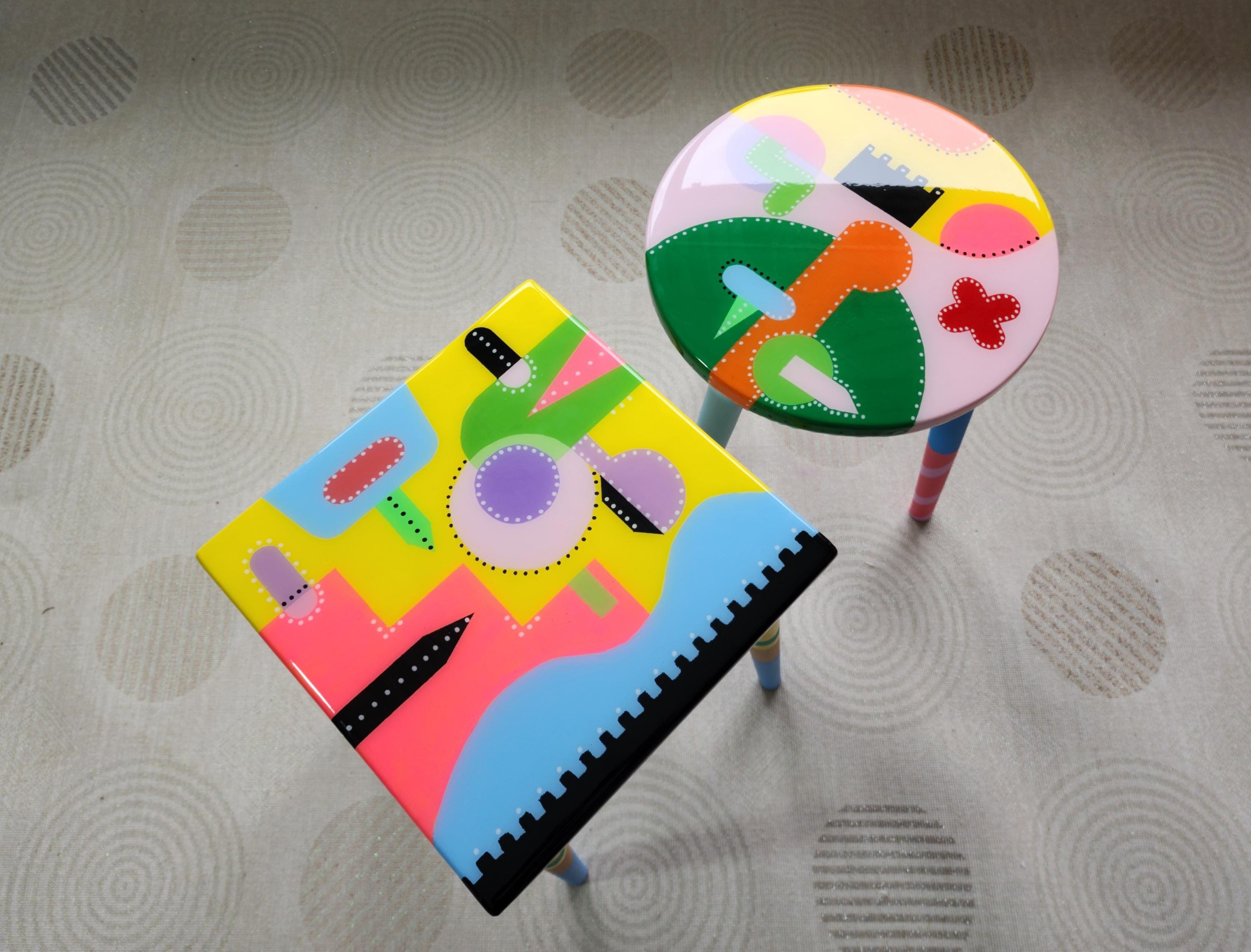 Colorful Painted Funky Abstract Cool Resin Side Coffee Tables,Wooden Modern Pink Orange Acrylic Quirky Bedside Furniture Cute Art Nightstand