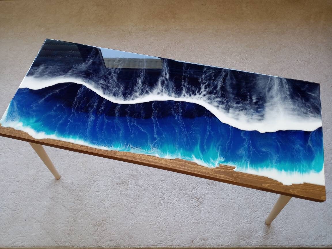Wooden Natural Ocean Wave Resin Side Table,Blue Beach Themed Living Room Bedroom Entryway Nautical Cool Epoxy End Sofa Sea Art Coffee Table