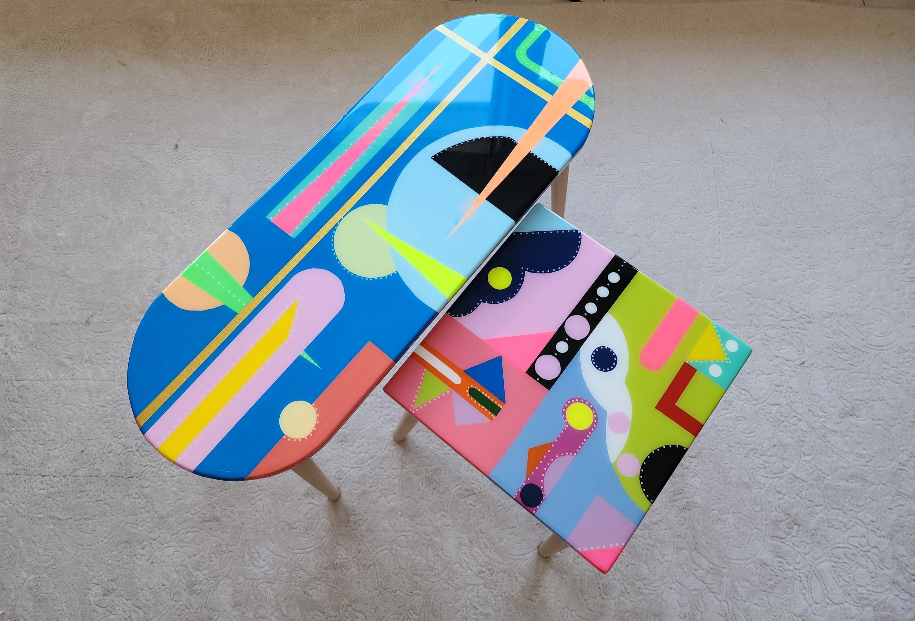 Whimsical Funky Colorful Resin Side Coffee Tables,Abstract Cool Oval Square Rainbow Geometric Design Center Corner Entryway Epoxy Art Tables